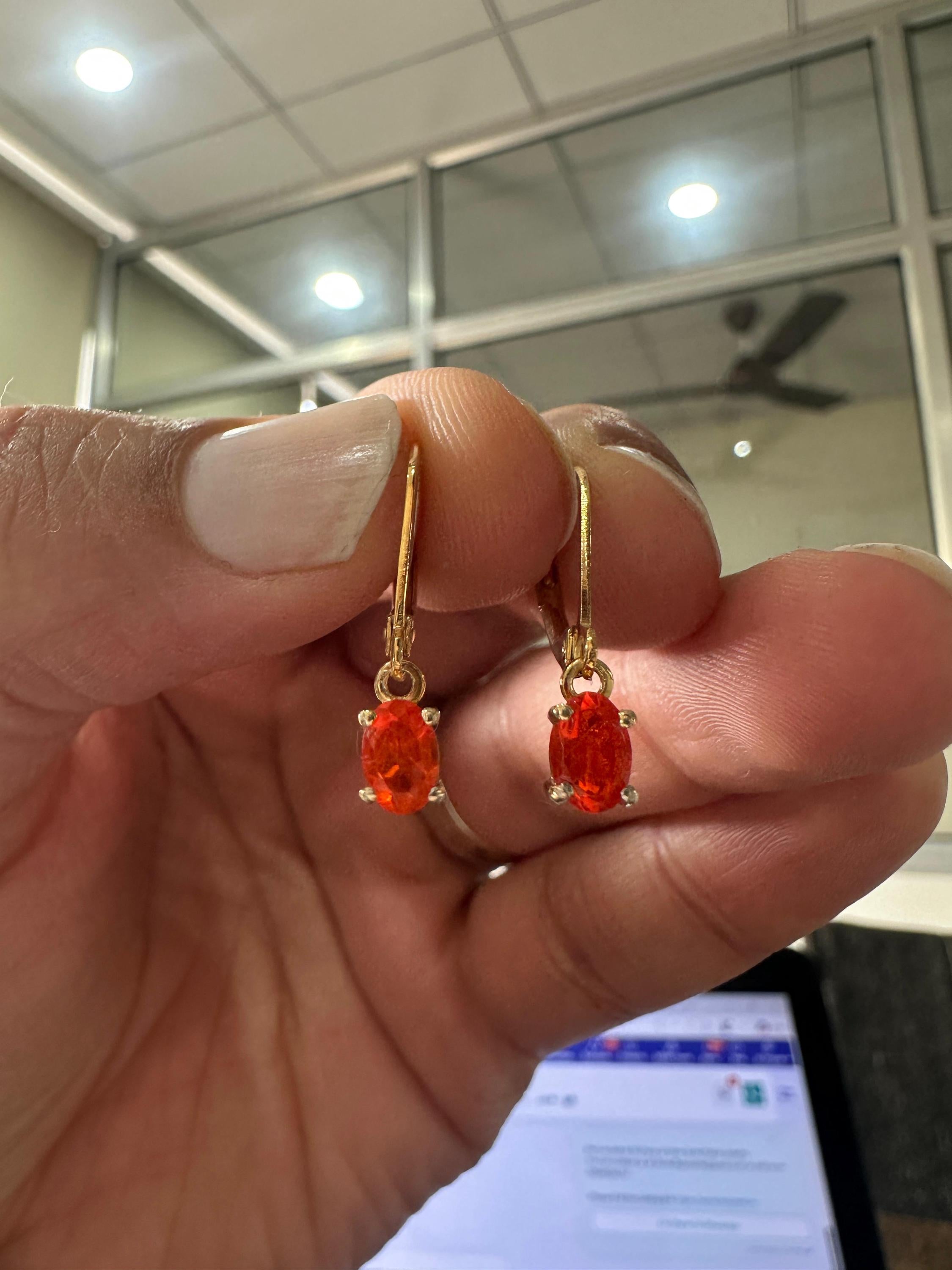 14K Gold Natural Fire Opal Drop Earrings, October Birthstone Lever Back Jewelry