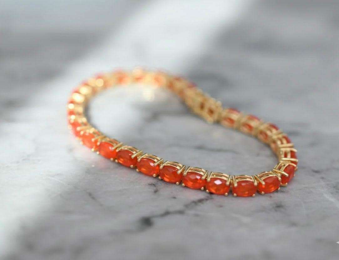 Mexican Fire Opal Tennis Bracelet, 14K Gold Vermeil, Rare Gemstone Jewelry