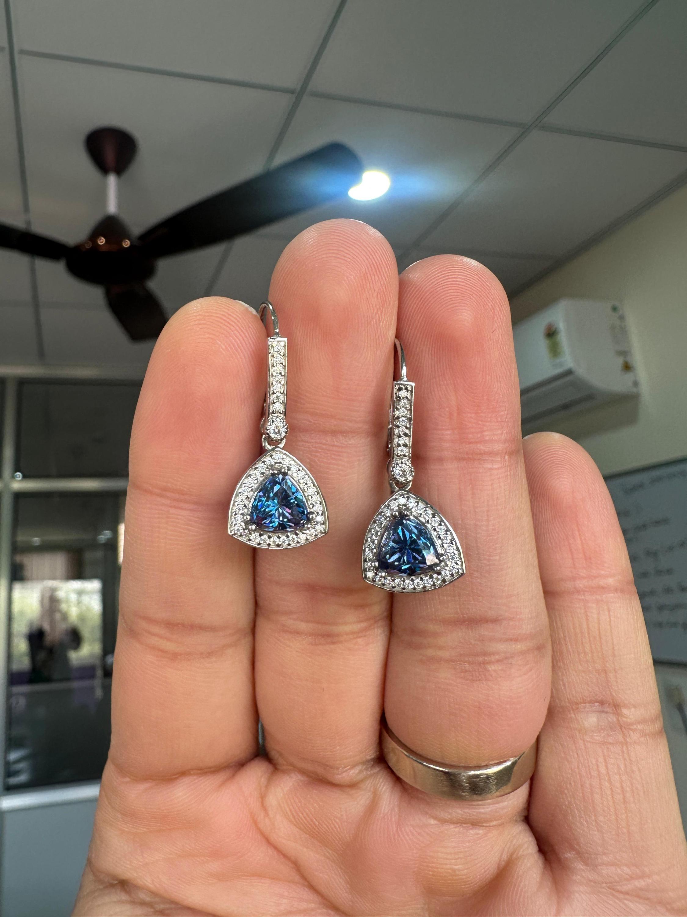 Alexandrite Moissanite Drop Earrings | Sterling Silver Halo, Color-Changing