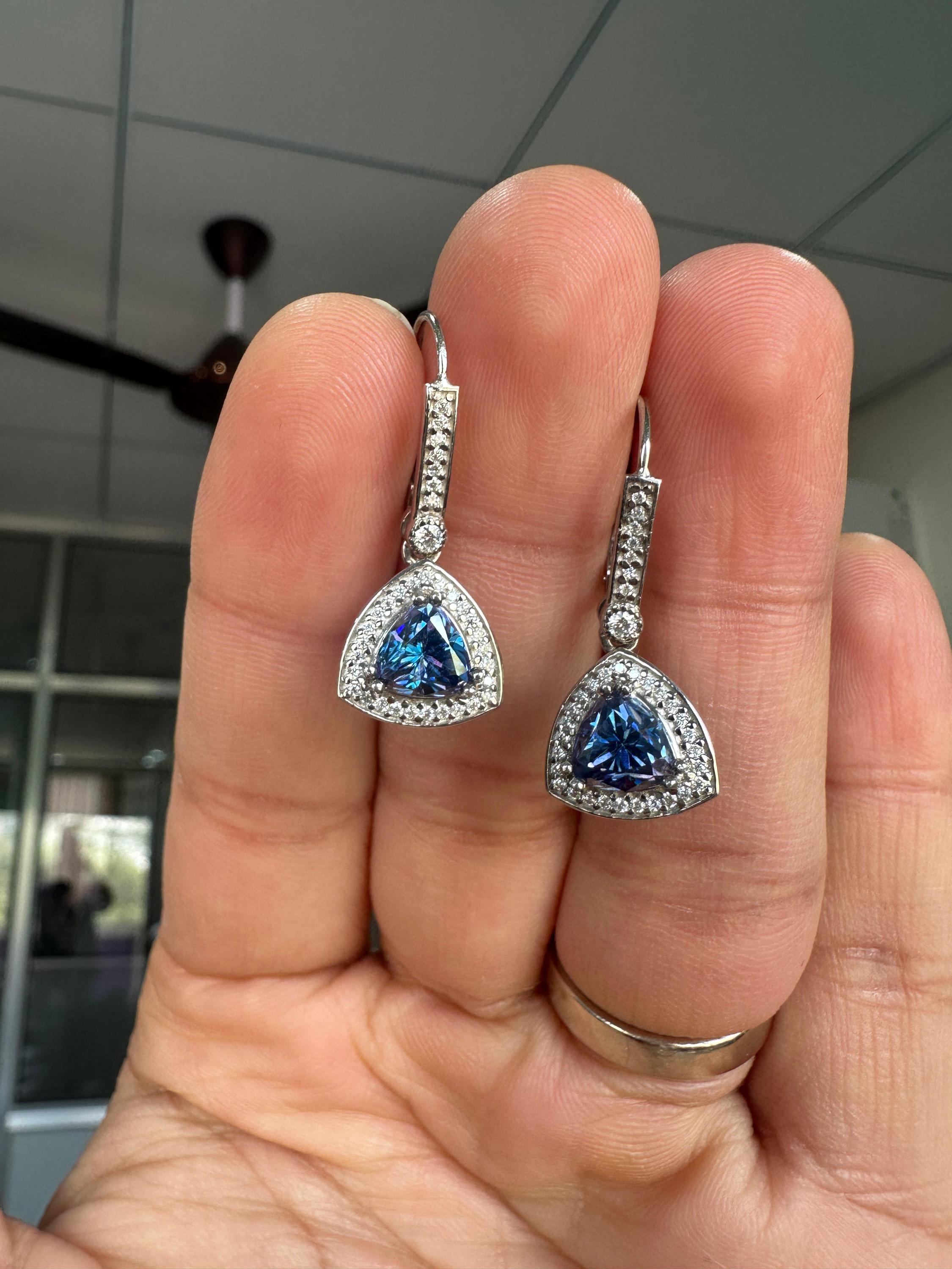 Alexandrite Moissanite Drop Earrings | Sterling Silver Halo, Color-Changing