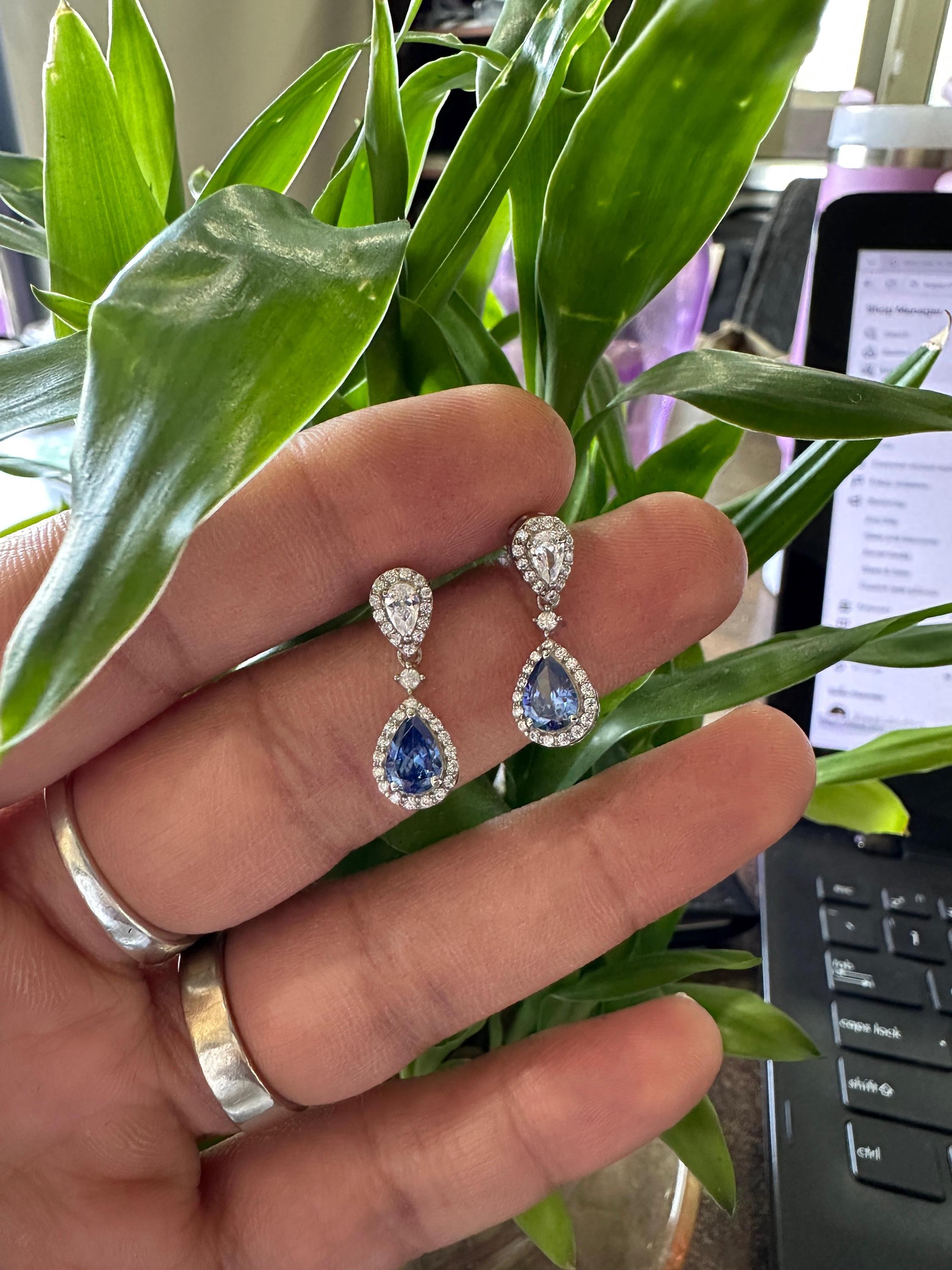 Pear Cut Natural Tanzanite Diamond Halo Stud Earrings for Women | 14k White Gold