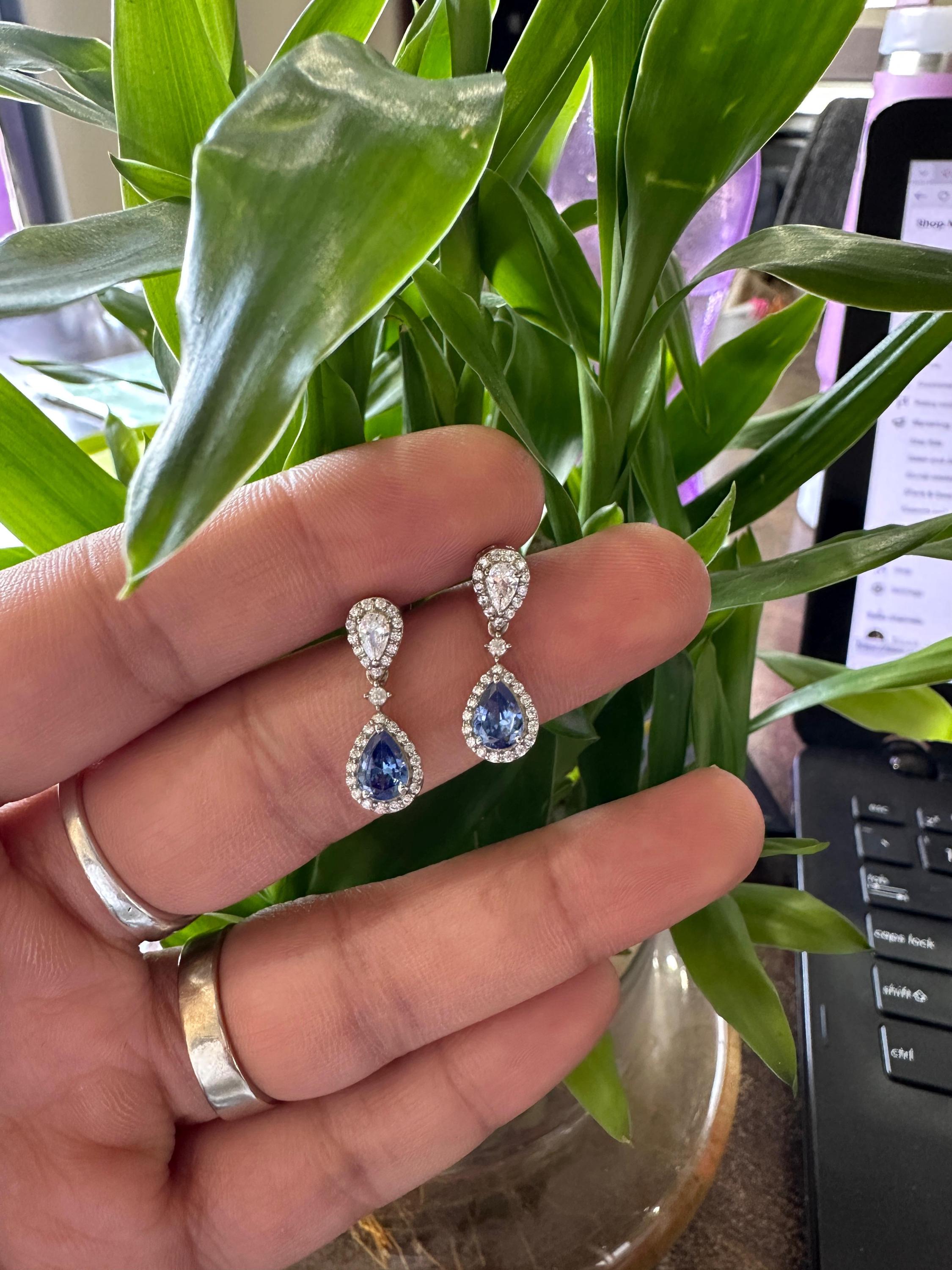 Pear Cut Natural Tanzanite Diamond Halo Stud Earrings for Women | 14k White Gold