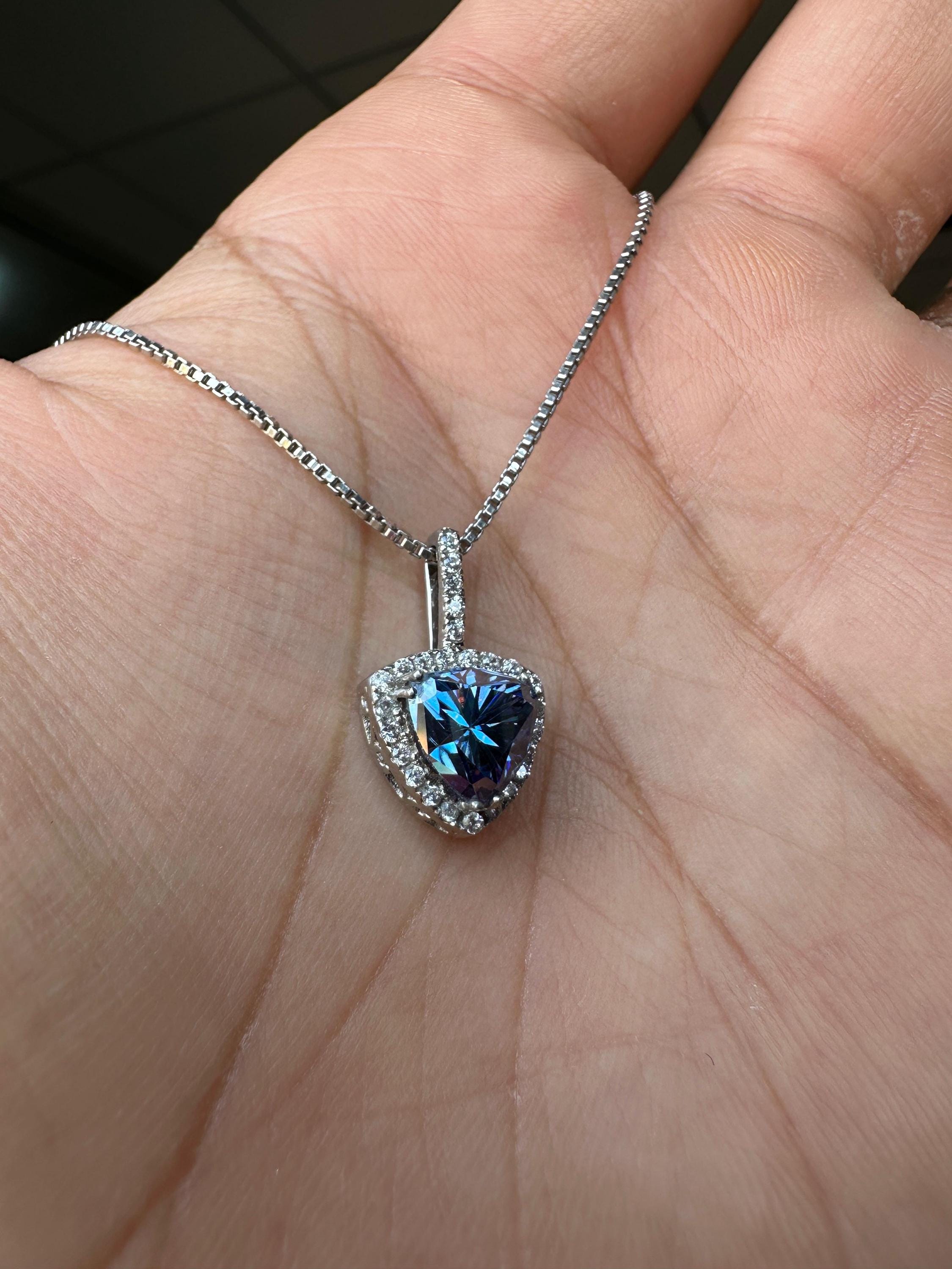 Blue Trillion Moissanite Halo Pendant | 925 Sterling Silver Necklace