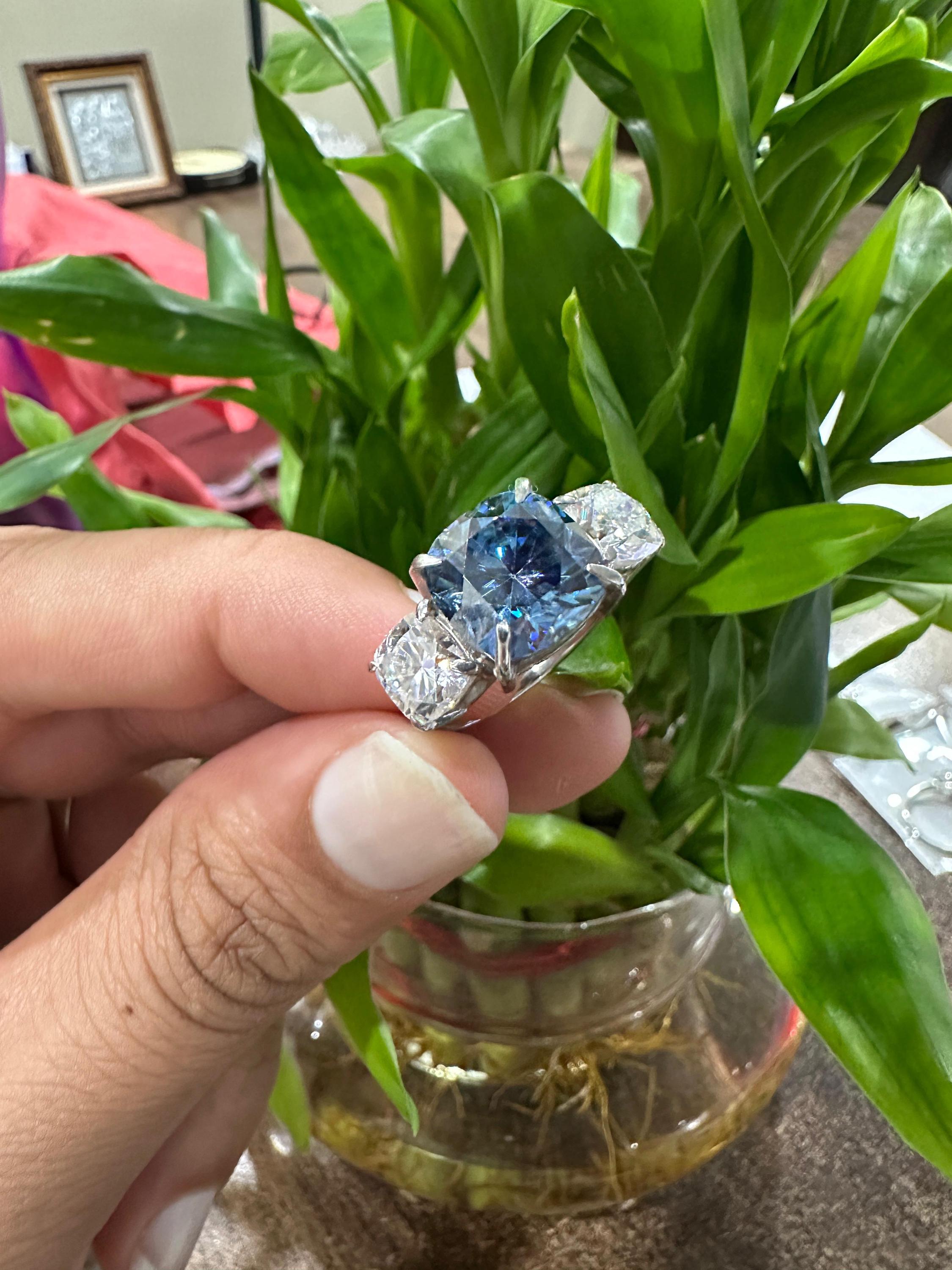 10 Ct Blue Cushion Moissanite Three-Stone Engagement Ring | 14k Gold | Modern Wedding Ring