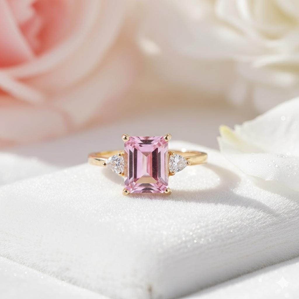 4 CT Emerald Pink Moissanite Ring | 14k Gold Vermeil Jewelry, Gift ideas for her