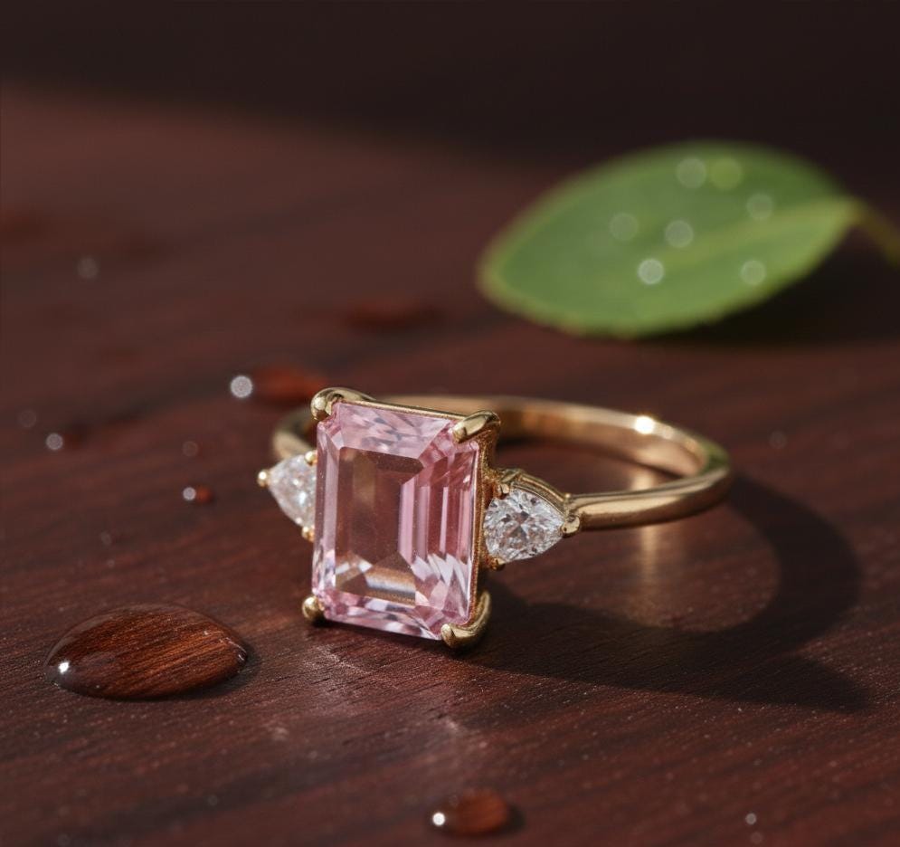 4 CT Emerald Pink Moissanite Ring | 14k Gold Vermeil Jewelry, Gift ideas for her