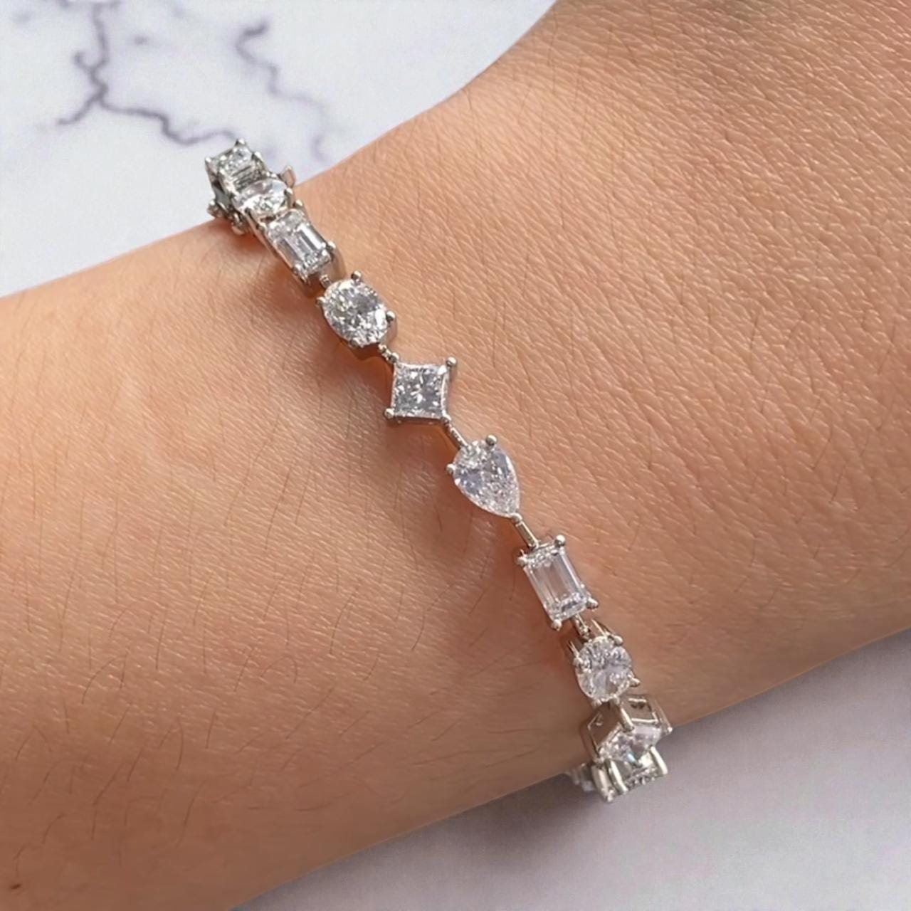 Multi Shape Moissanite Tennis Bracelet | Mixed Cut Stones, Sterling Silver, White Gold Finish