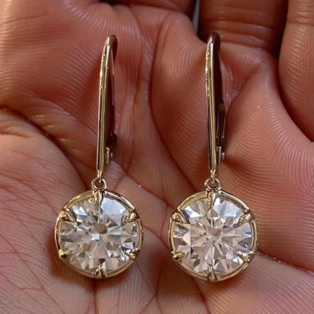 14k Gold Moissanite Drop Earrings | Round Brilliant Cut 2 Ct Dangle Jewelry