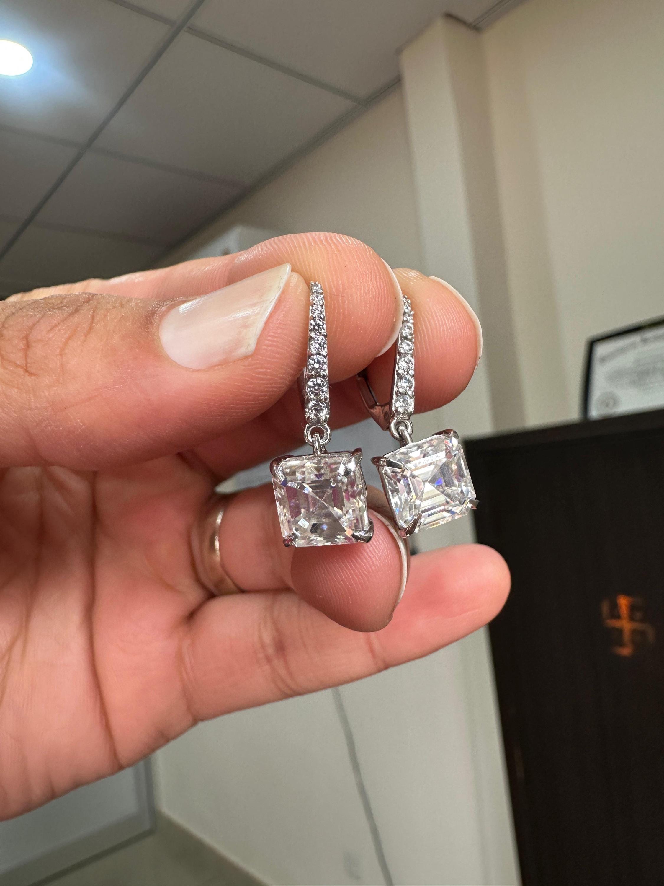 14k White Gold Asscher Moissanite Dangle Drop Earrings | Luxury Diamond Look Earrings