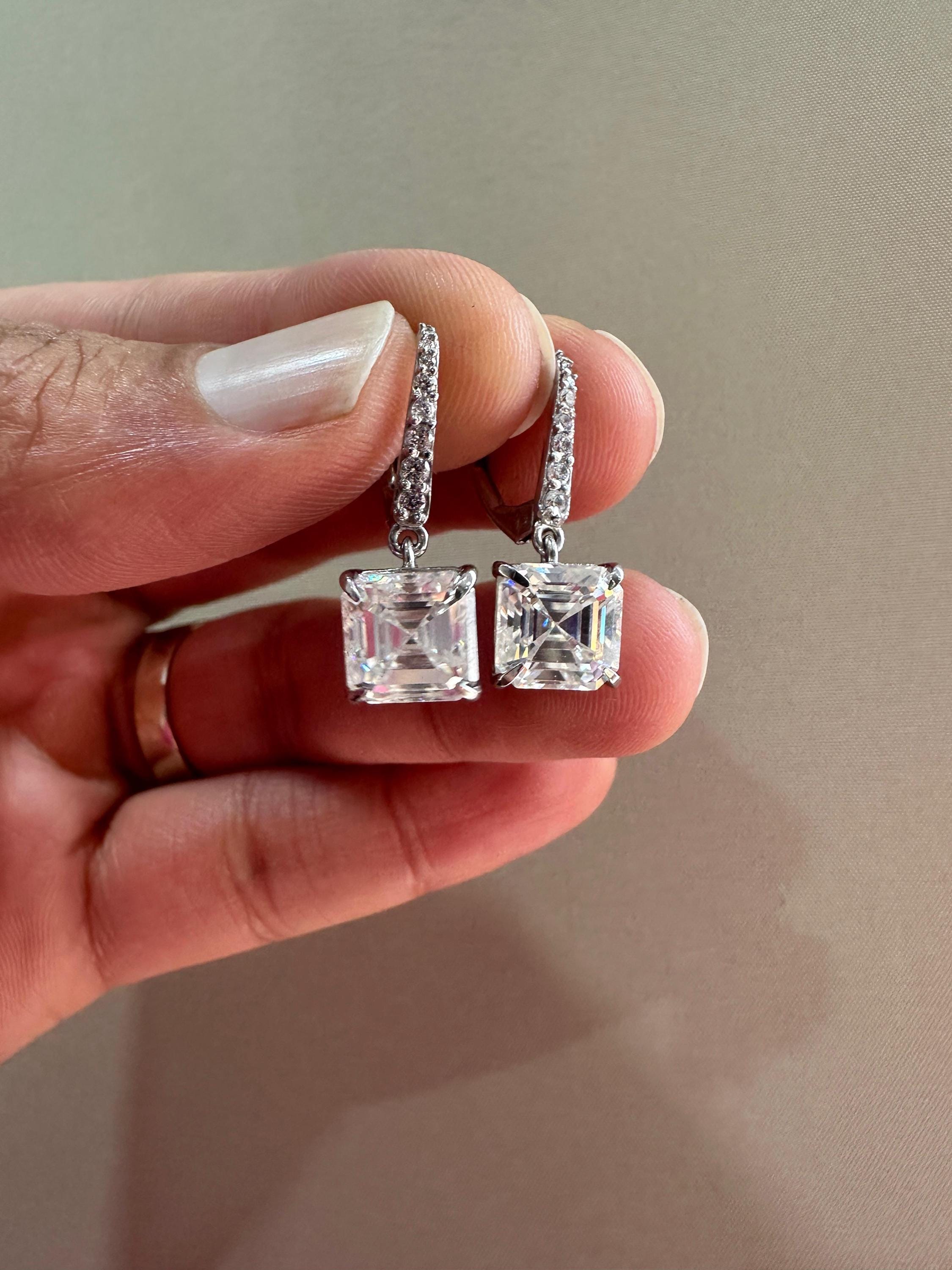 14k White Gold Asscher Moissanite Dangle Drop Earrings | Luxury Diamond Look Earrings
