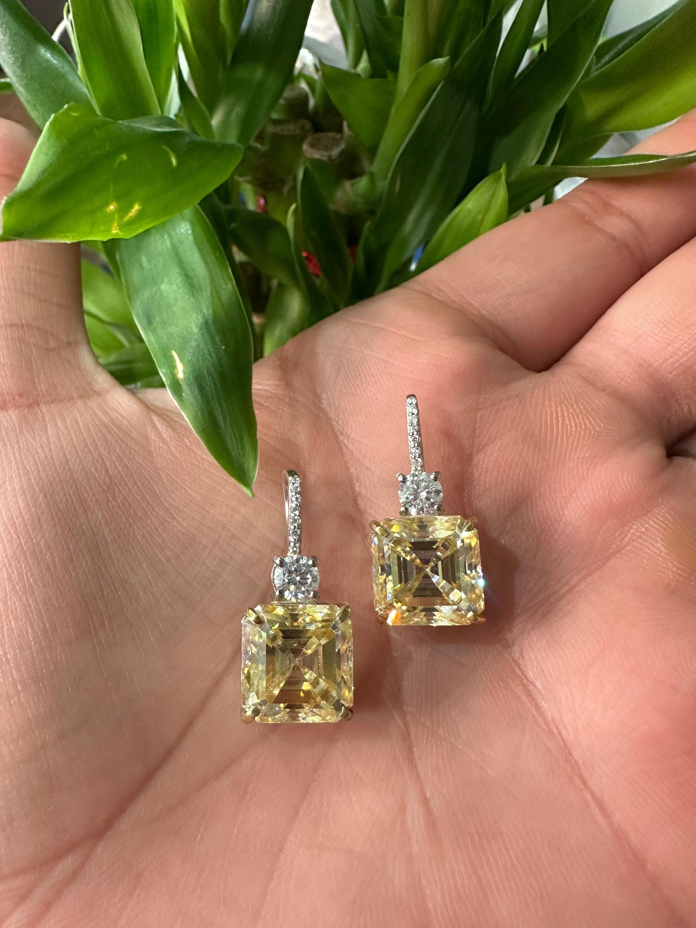 Yellow Moissanite Drop Earrings | Asscher Cut, Sterling Silver Earrings