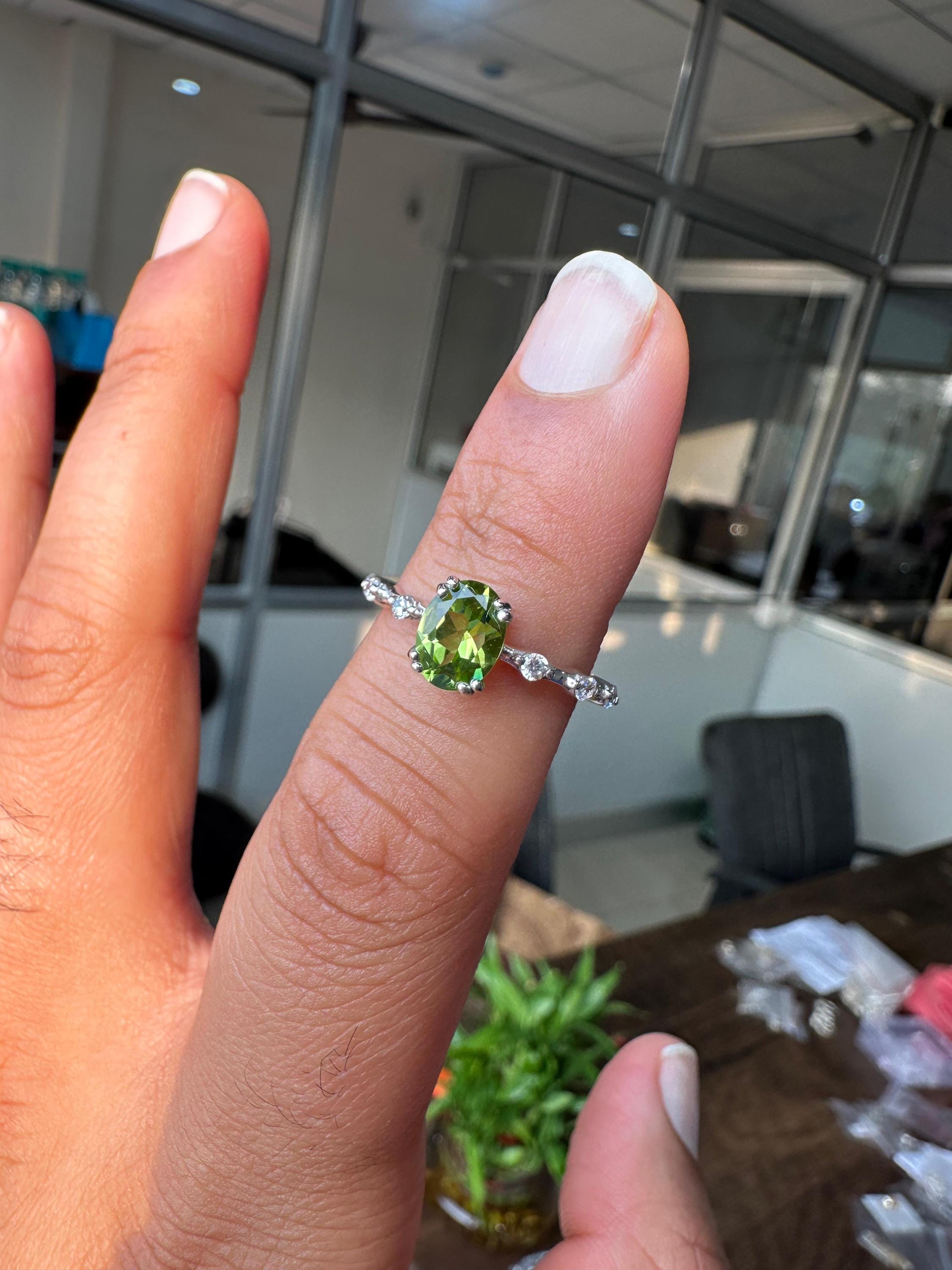 Oval Peridot Moissanite Engagement Ring | 14k White Gold Finish | August Birthstone Jewelry