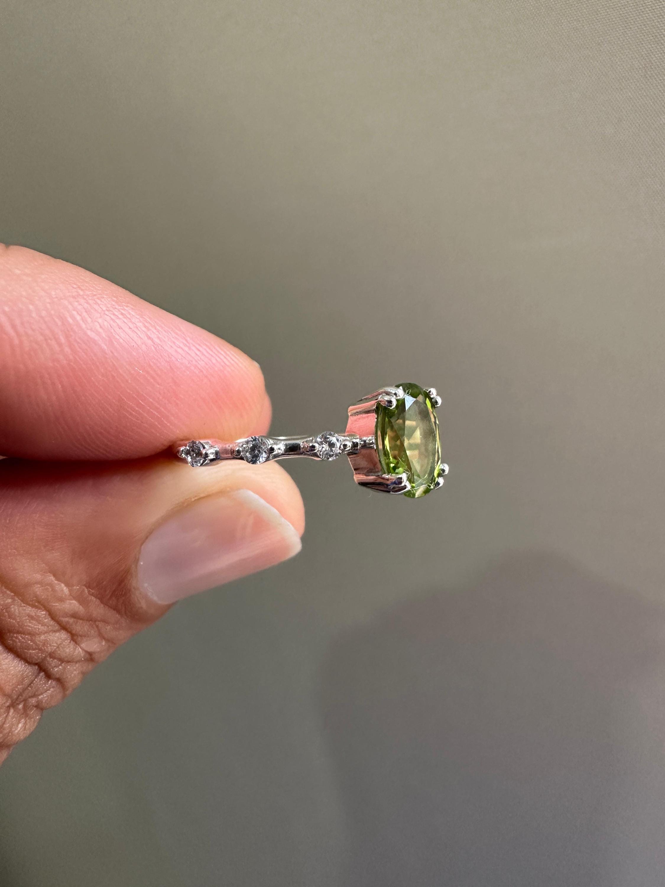Oval Peridot Moissanite Engagement Ring | 14k White Gold Finish | August Birthstone Jewelry