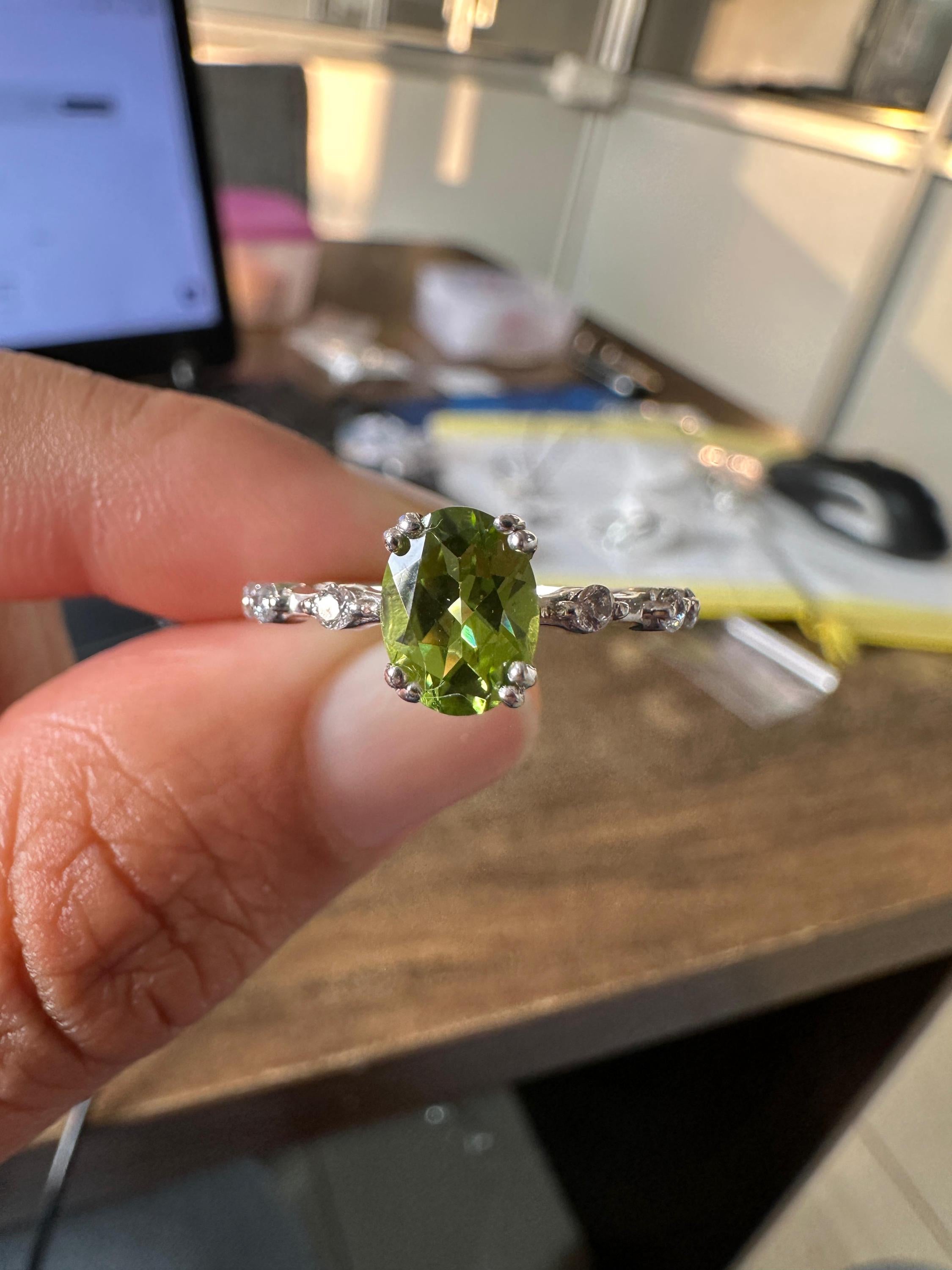 Oval Peridot Moissanite Engagement Ring | 14k White Gold Finish | August Birthstone Jewelry