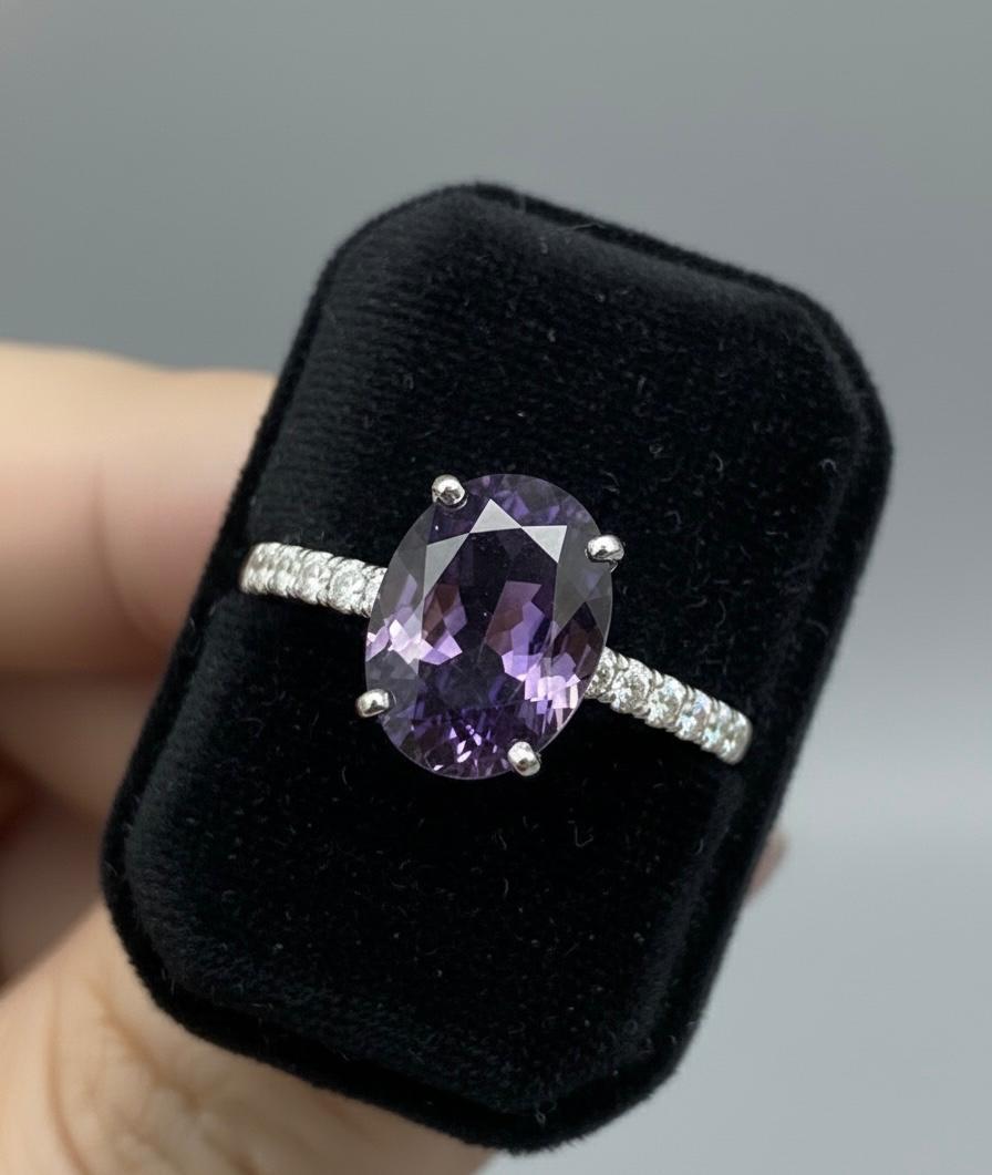 Oval Amethyst Pavé Engagement Ring • 14k White Gold, Modern Promise Ring