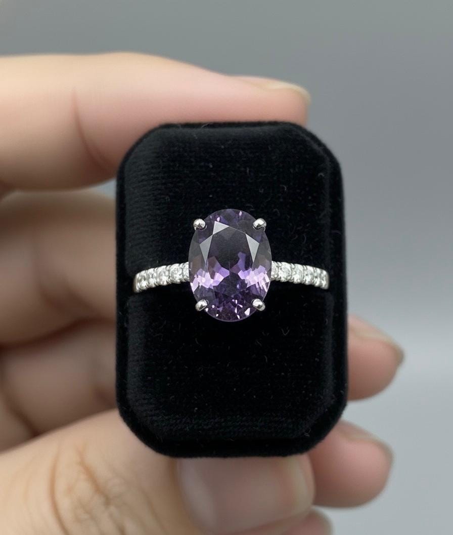 Oval Amethyst Pavé Engagement Ring • 14k White Gold, Modern Promise Ring