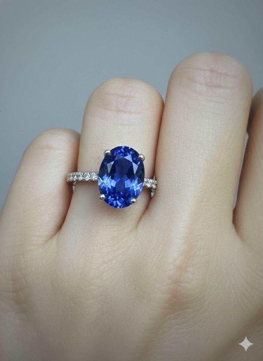 Oval Lab Sapphire Pavé Engagement Ring | 14k White Gold, 3 Ct Blue Promise Ring
