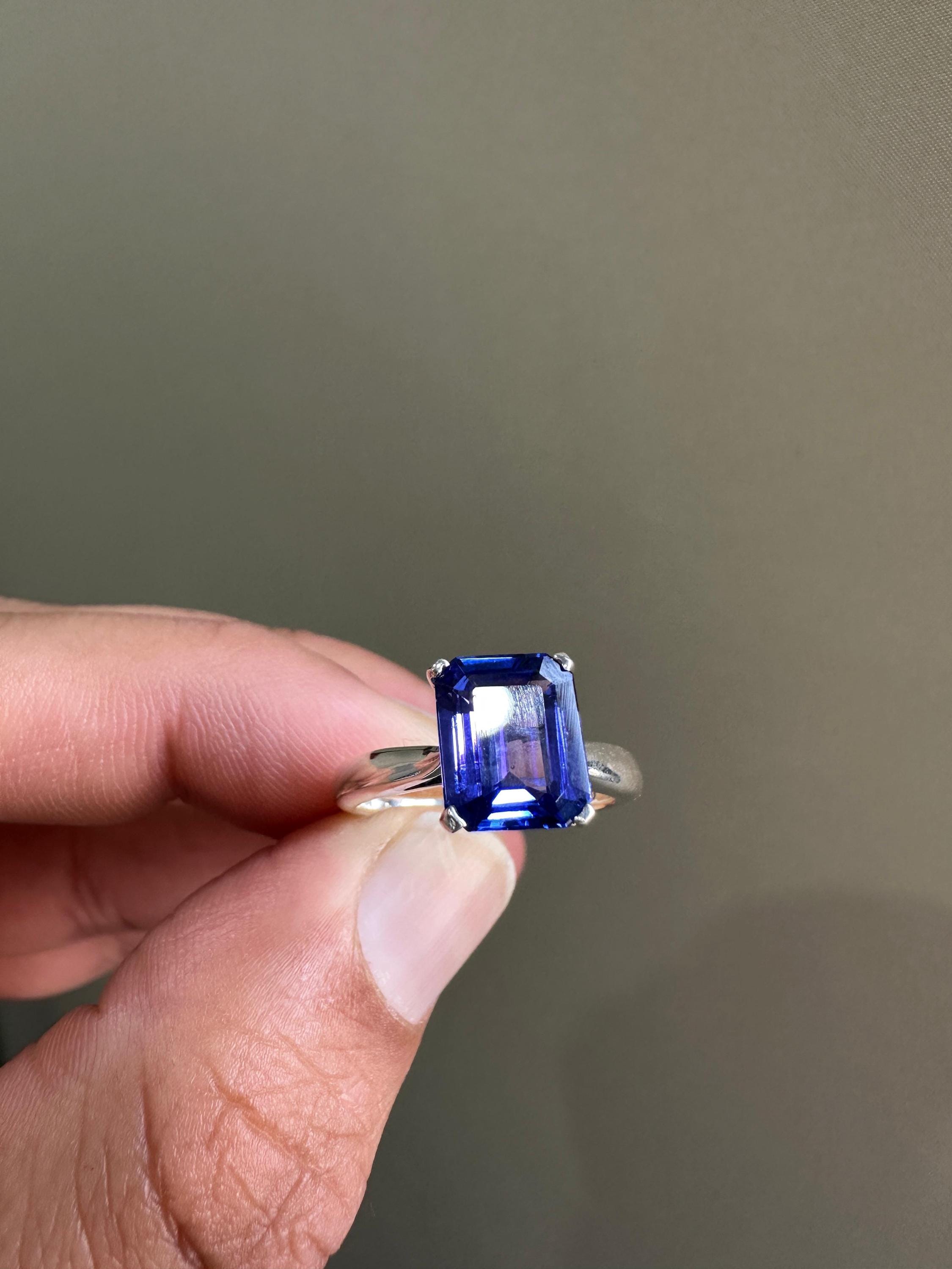 AAAA Tanzanite Engagement Ring | 14k White Gold Emerald Cut Solitaire