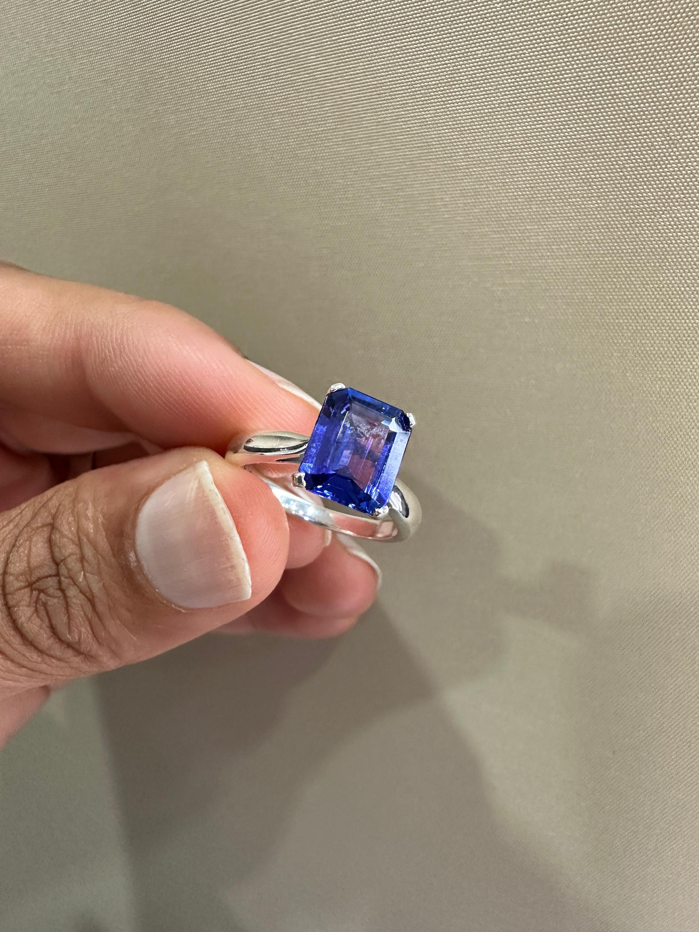 AAAA Tanzanite Engagement Ring | 14k White Gold Emerald Cut Solitaire