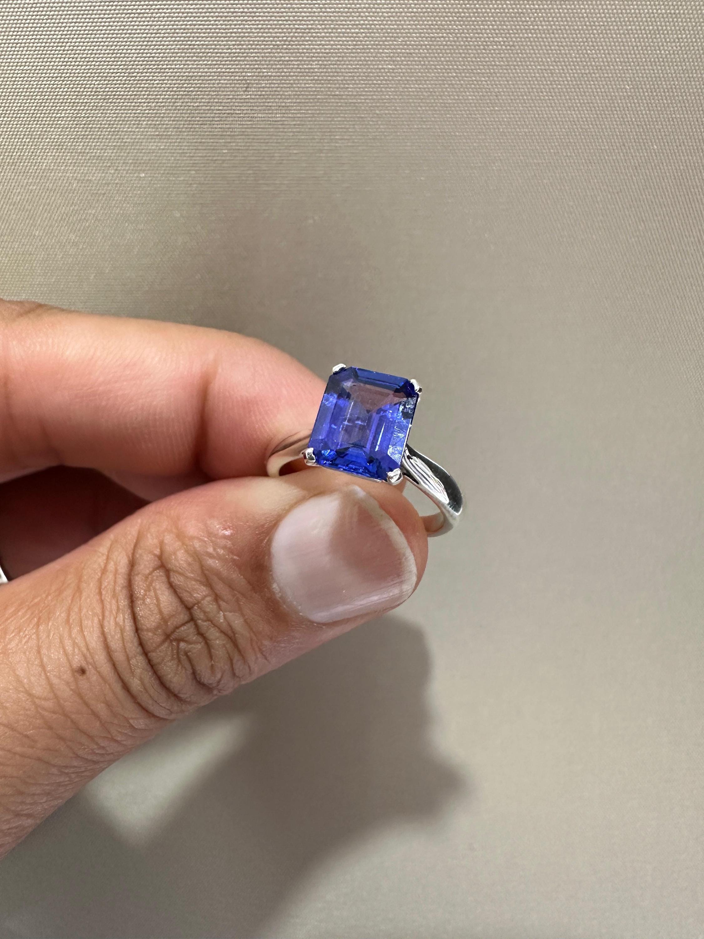 AAAA Tanzanite Engagement Ring | 14k White Gold Emerald Cut Solitaire
