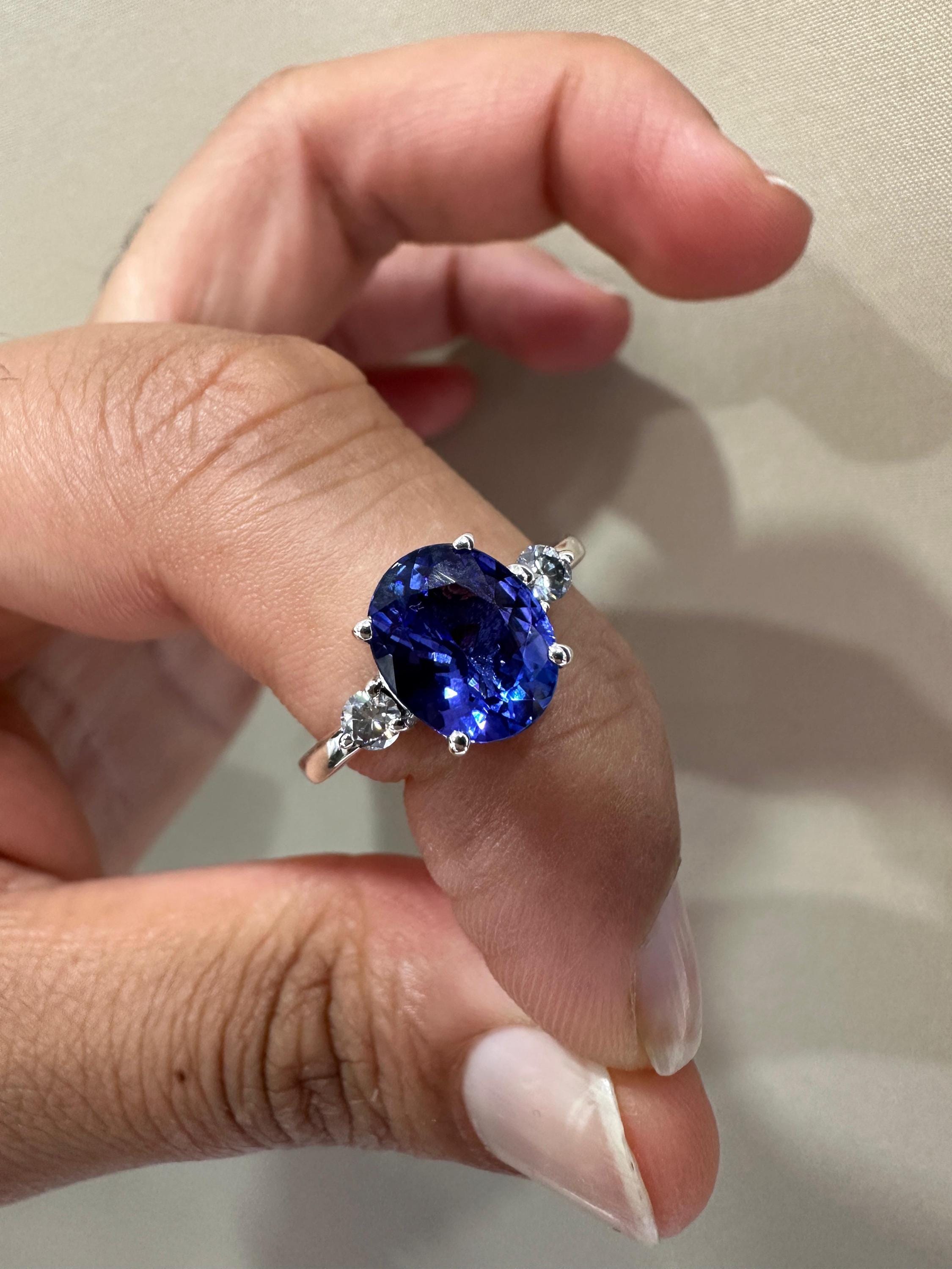 Exceptional Tanzanite Diamond Ring | 14k White Gold, Three Stone Bridal Ring for her