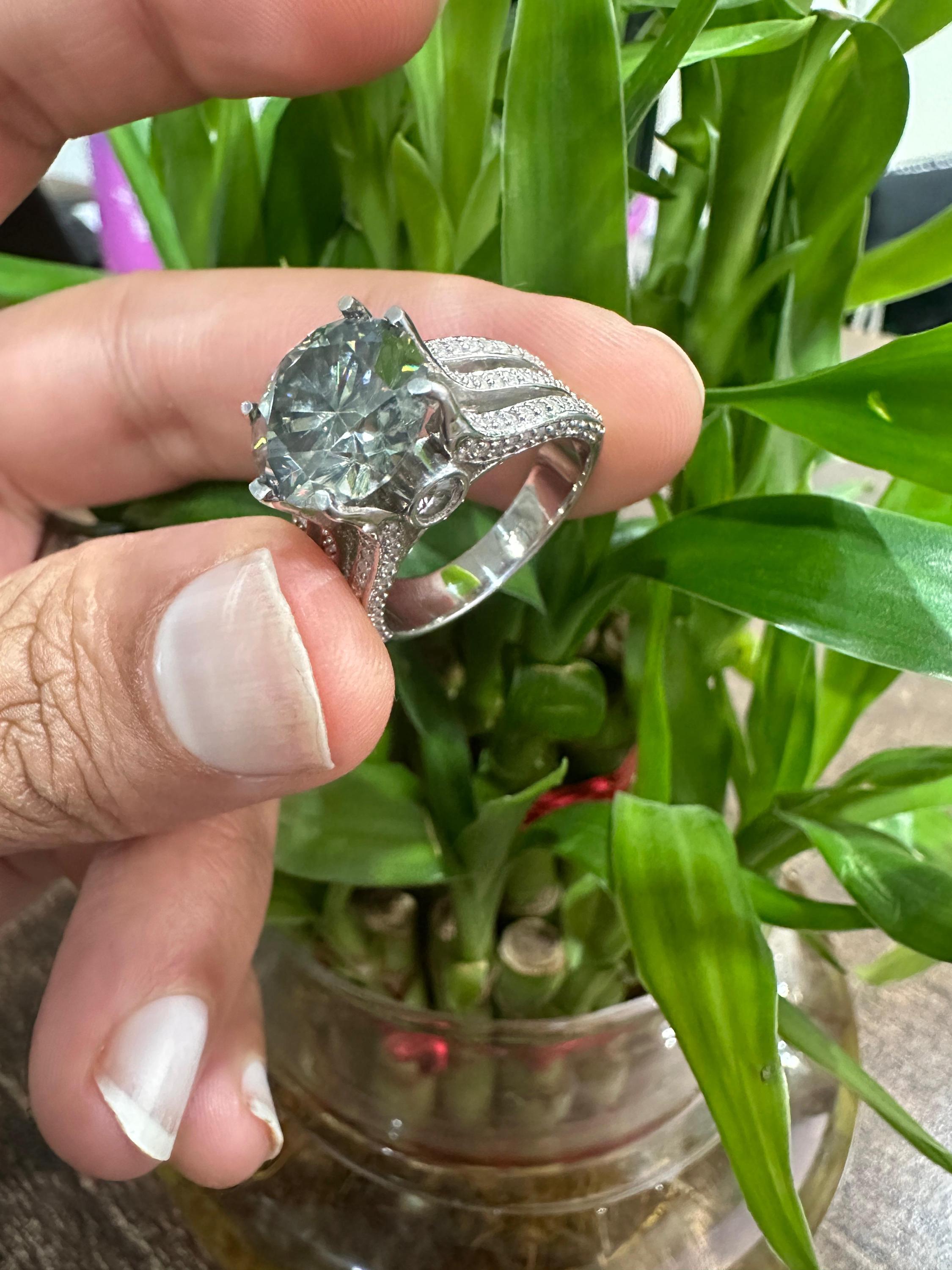 Green Moissanite Engagement Ring | 5 CT, Sterling Silver, Split Shank Finish