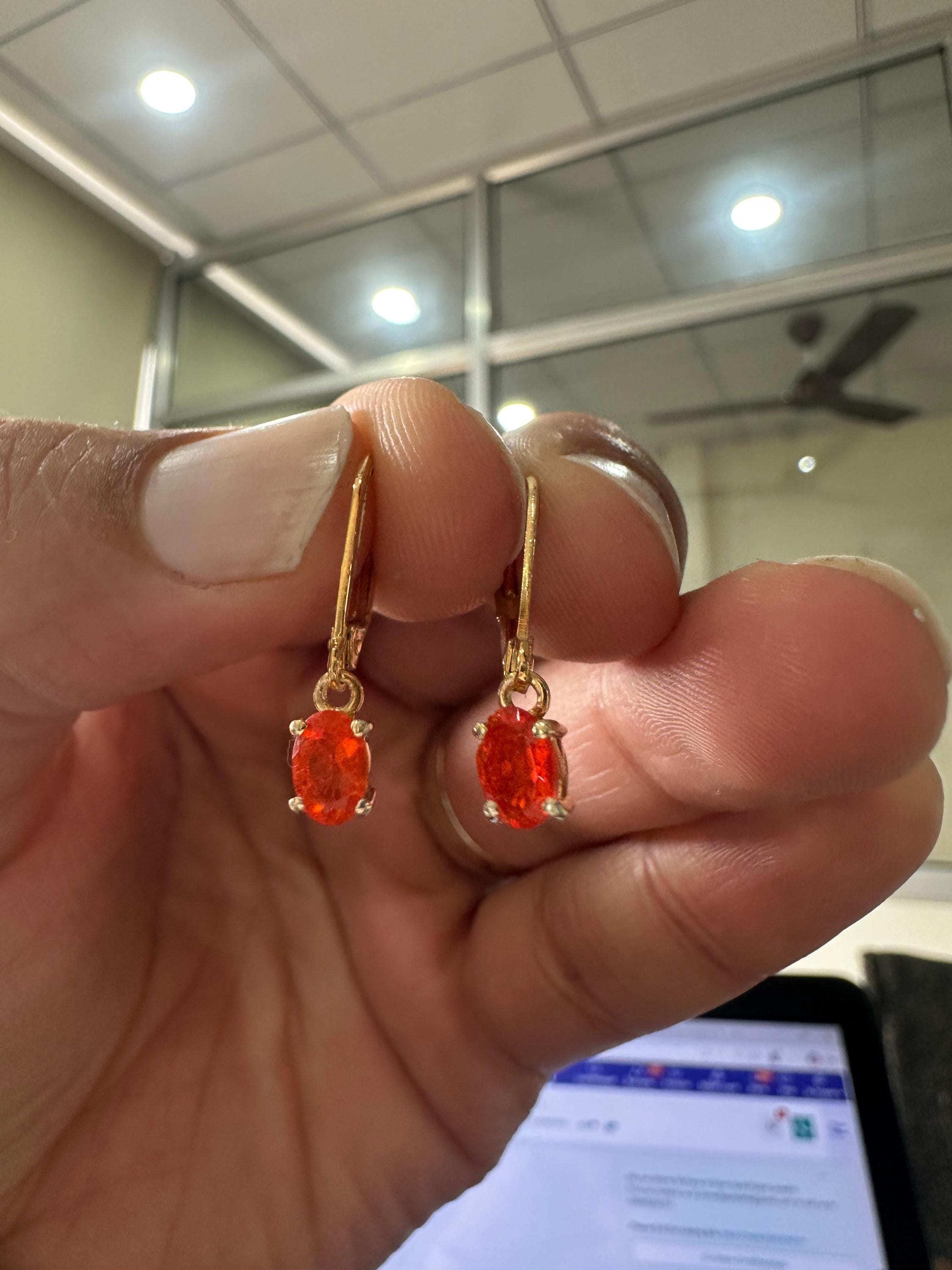 14K Gold Natural Fire Opal Drop Earrings, October Birthstone Lever Back Jewelry
