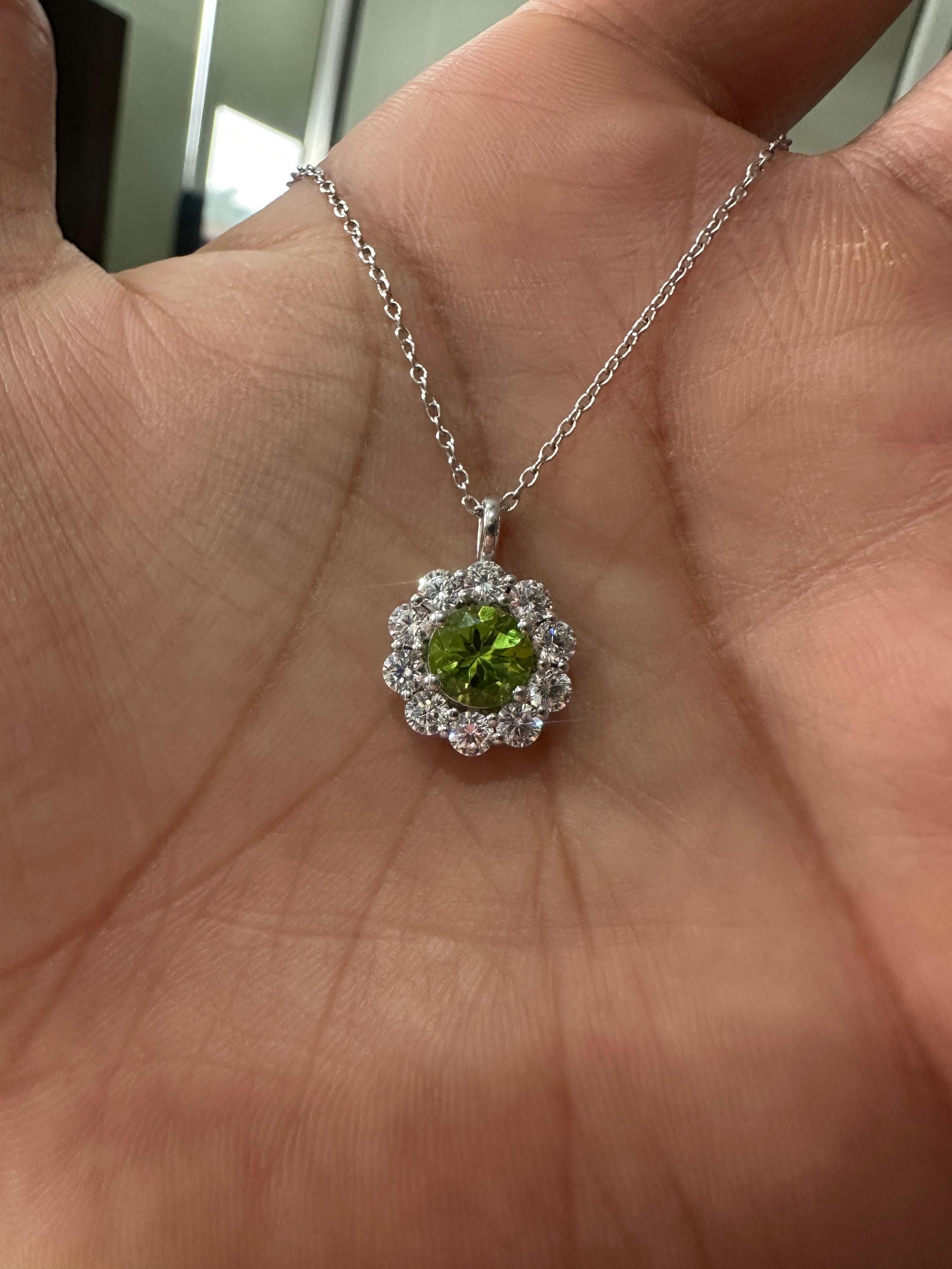 Natural Peridot Moissanite Halo Pendant | 925 Sterling Silver, Elegant gift or her