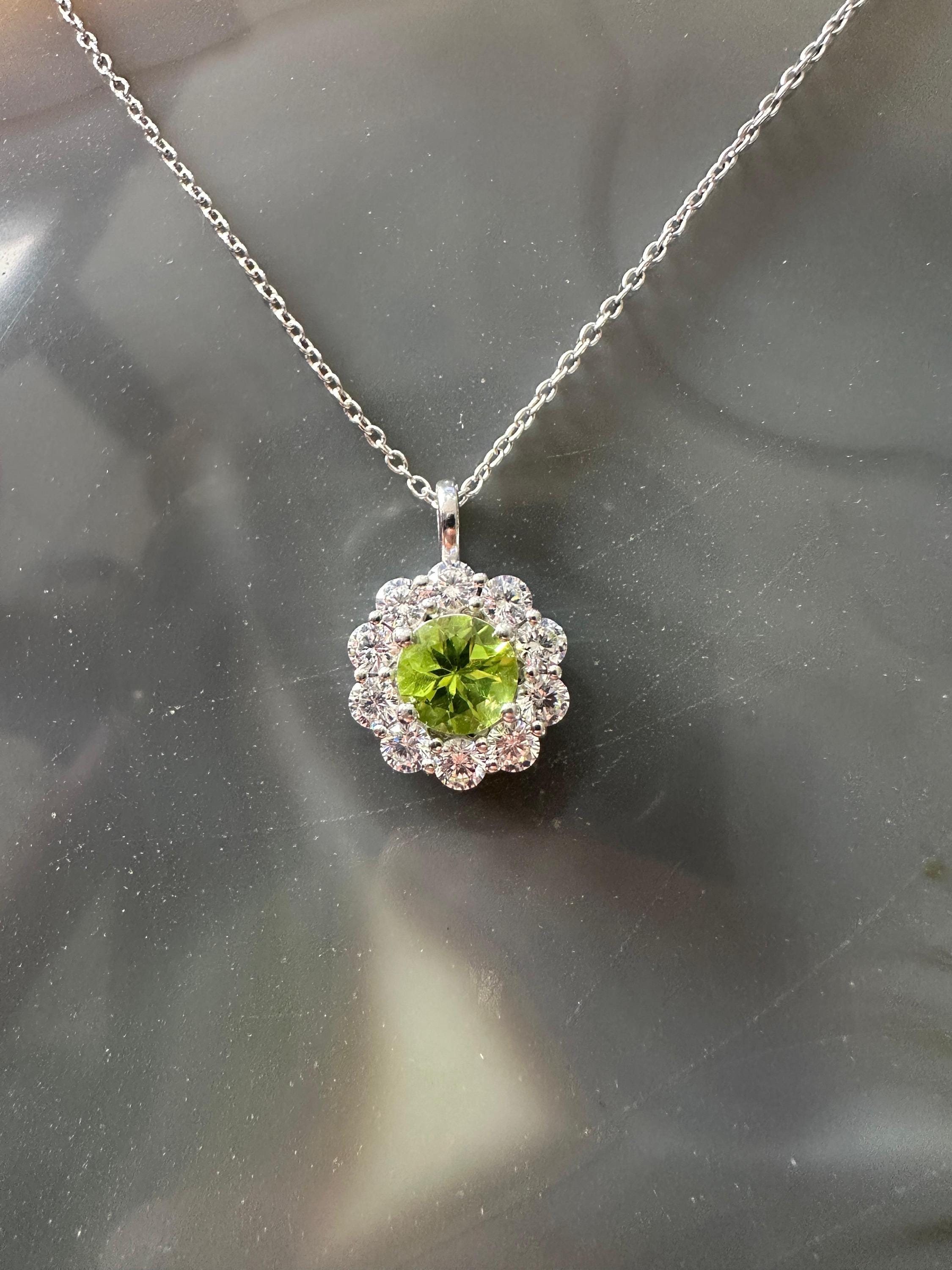 Natural Peridot Moissanite Halo Pendant | 925 Sterling Silver, Elegant gift or her