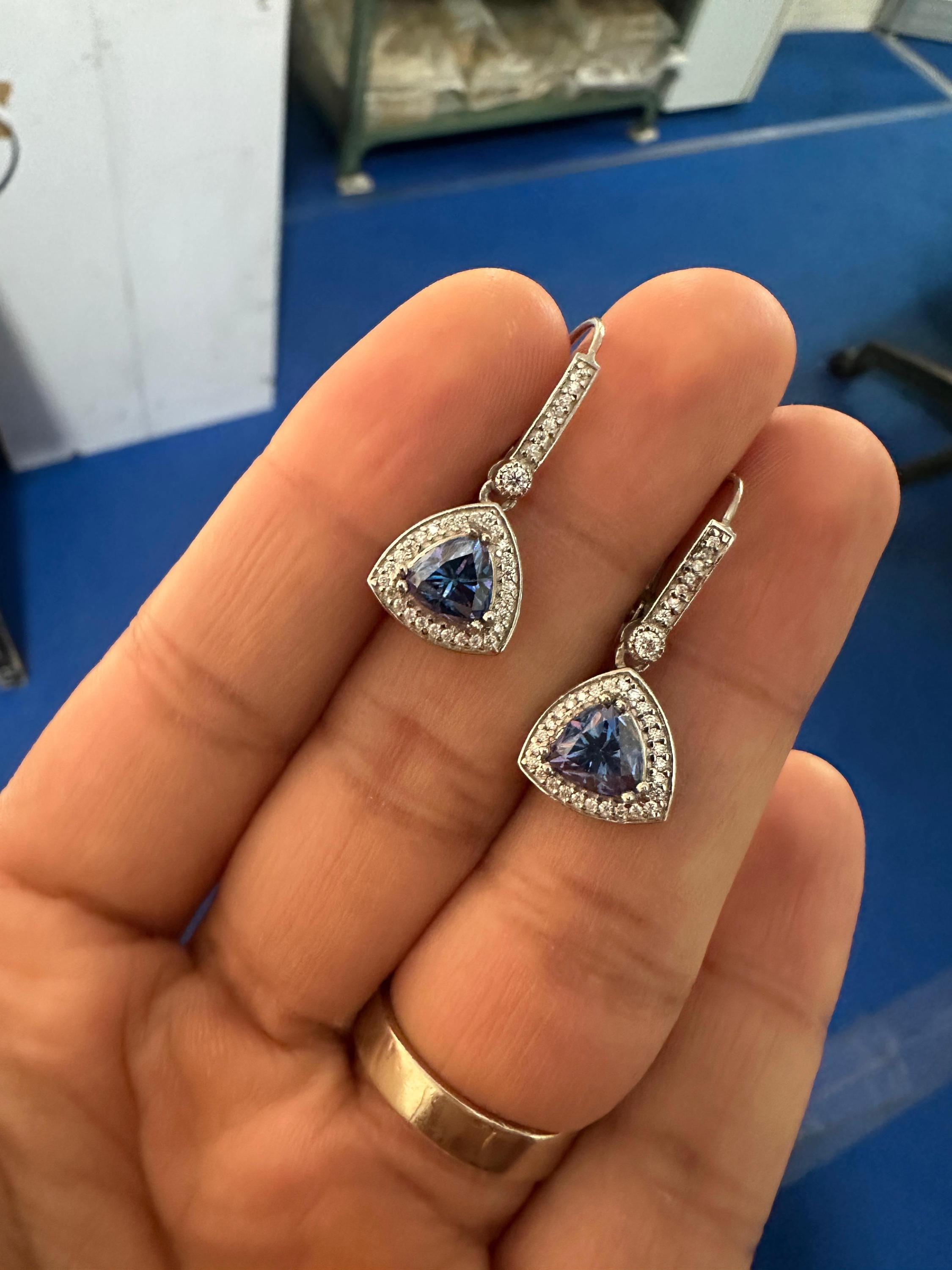 Alexandrite Moissanite Drop Earrings | Sterling Silver Halo, Color-Changing