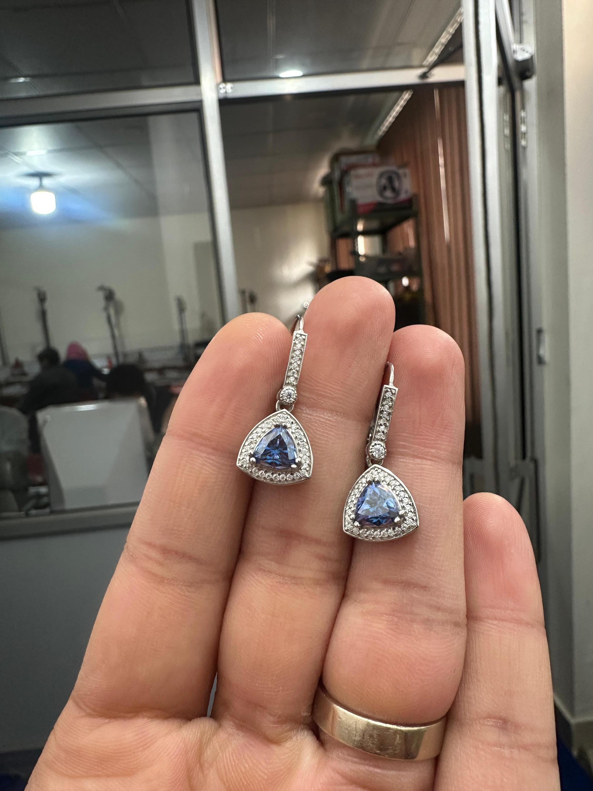 Alexandrite Moissanite Drop Earrings | Sterling Silver Halo, Color-Changing