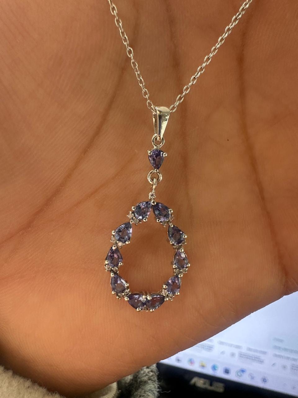 Tanzanite Pear Cut Drop Pendant Necklace, 925 Sterling Silver, Moissanite Accents