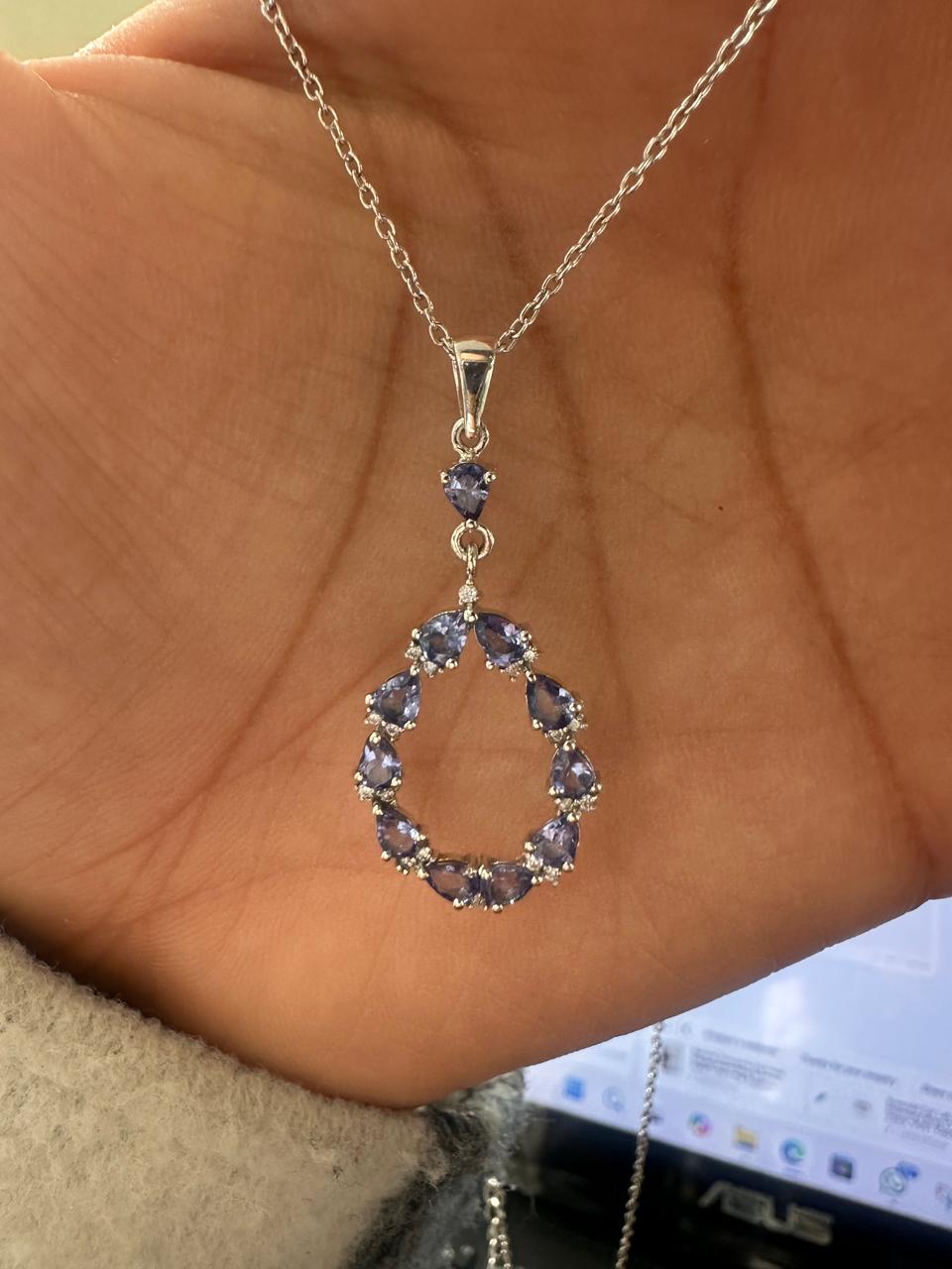 Tanzanite Pear Cut Drop Pendant Necklace, 925 Sterling Silver, Moissanite Accents