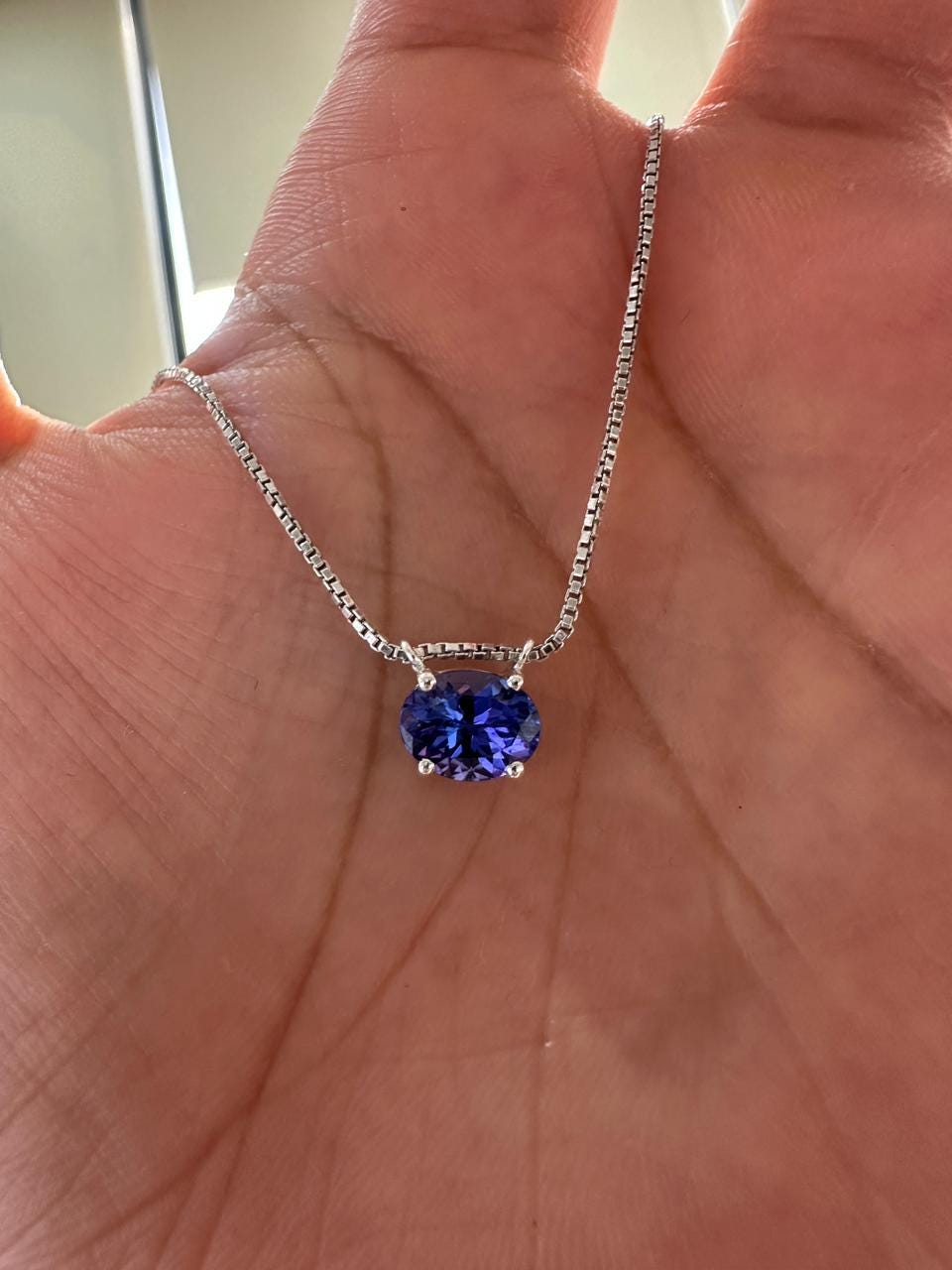 Natural Tanzanite Oval Solitaire Pendant Necklace | 14K White Gold, Blue Violet Gemstone, East-West Setting
