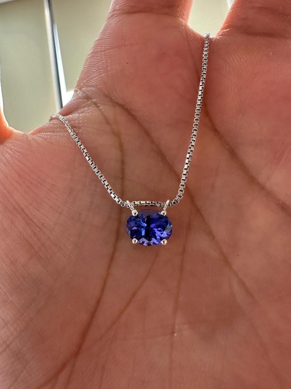 Natural Tanzanite Oval Solitaire Pendant Necklace | 14K White Gold, Blue Violet Gemstone, East-West Setting