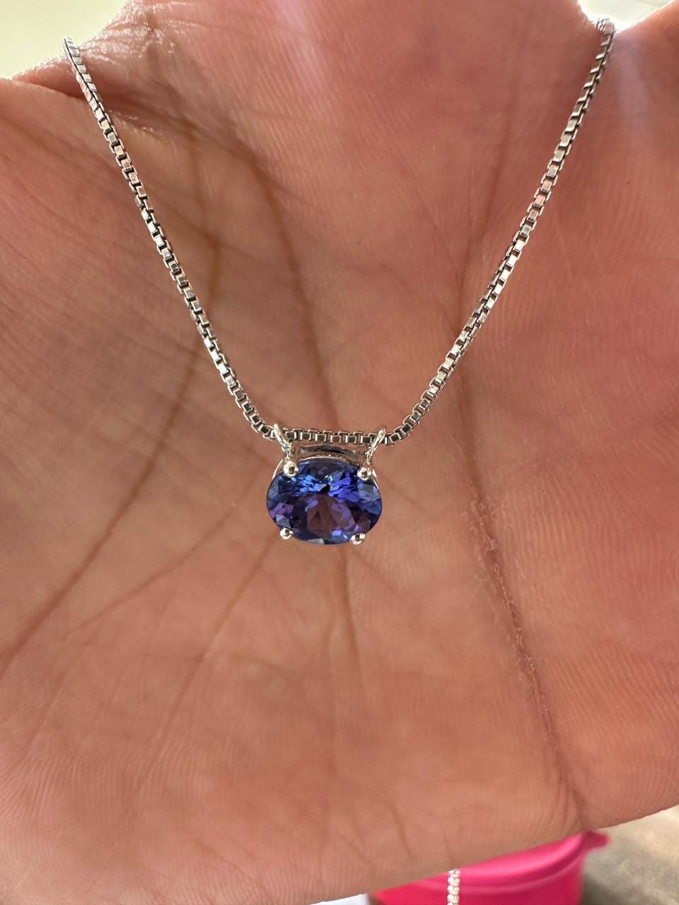 Natural Tanzanite Oval Solitaire Pendant Necklace | 14K White Gold, Blue Violet Gemstone, East-West Setting