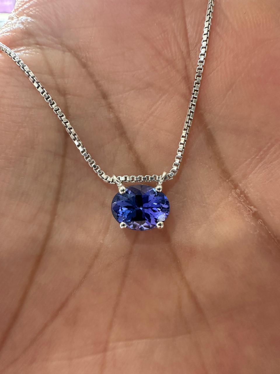 Natural Tanzanite Oval Solitaire Pendant Necklace | 14K White Gold, Blue Violet Gemstone, East-West Setting