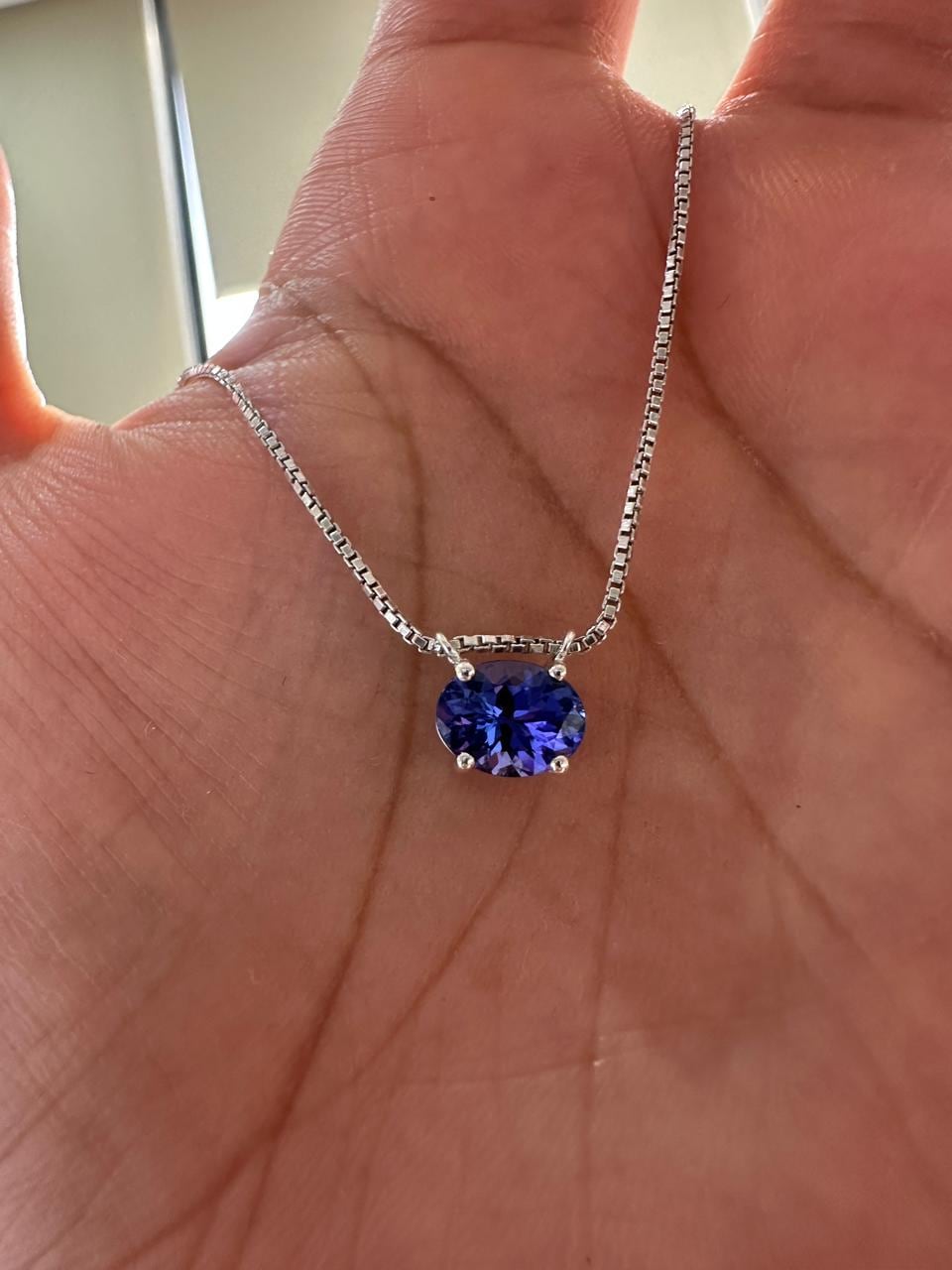Natural Tanzanite Oval Solitaire Pendant Necklace | 14K White Gold, Blue Violet Gemstone, East-West Setting