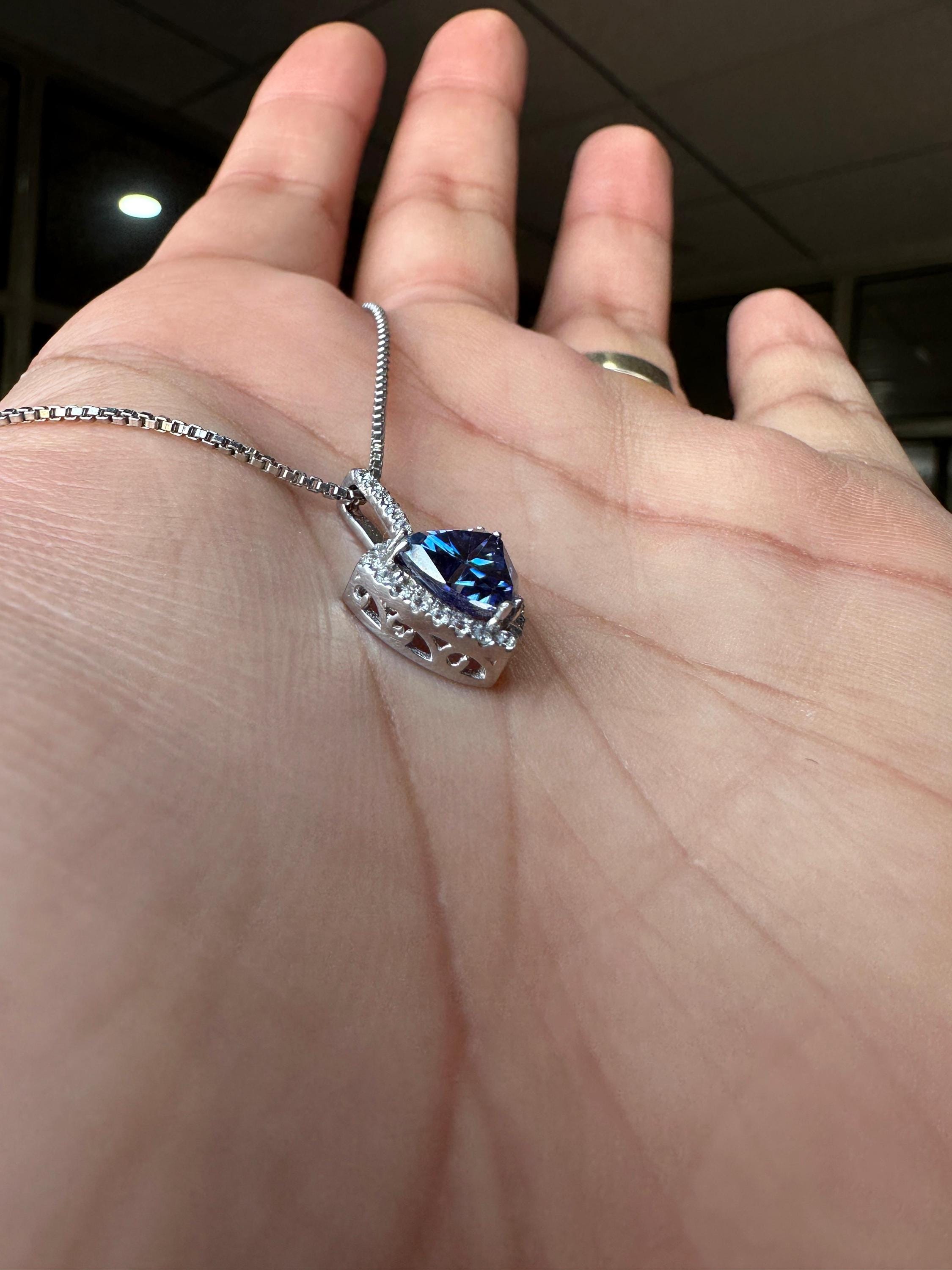 Blue Trillion Moissanite Halo Pendant | 925 Sterling Silver Necklace