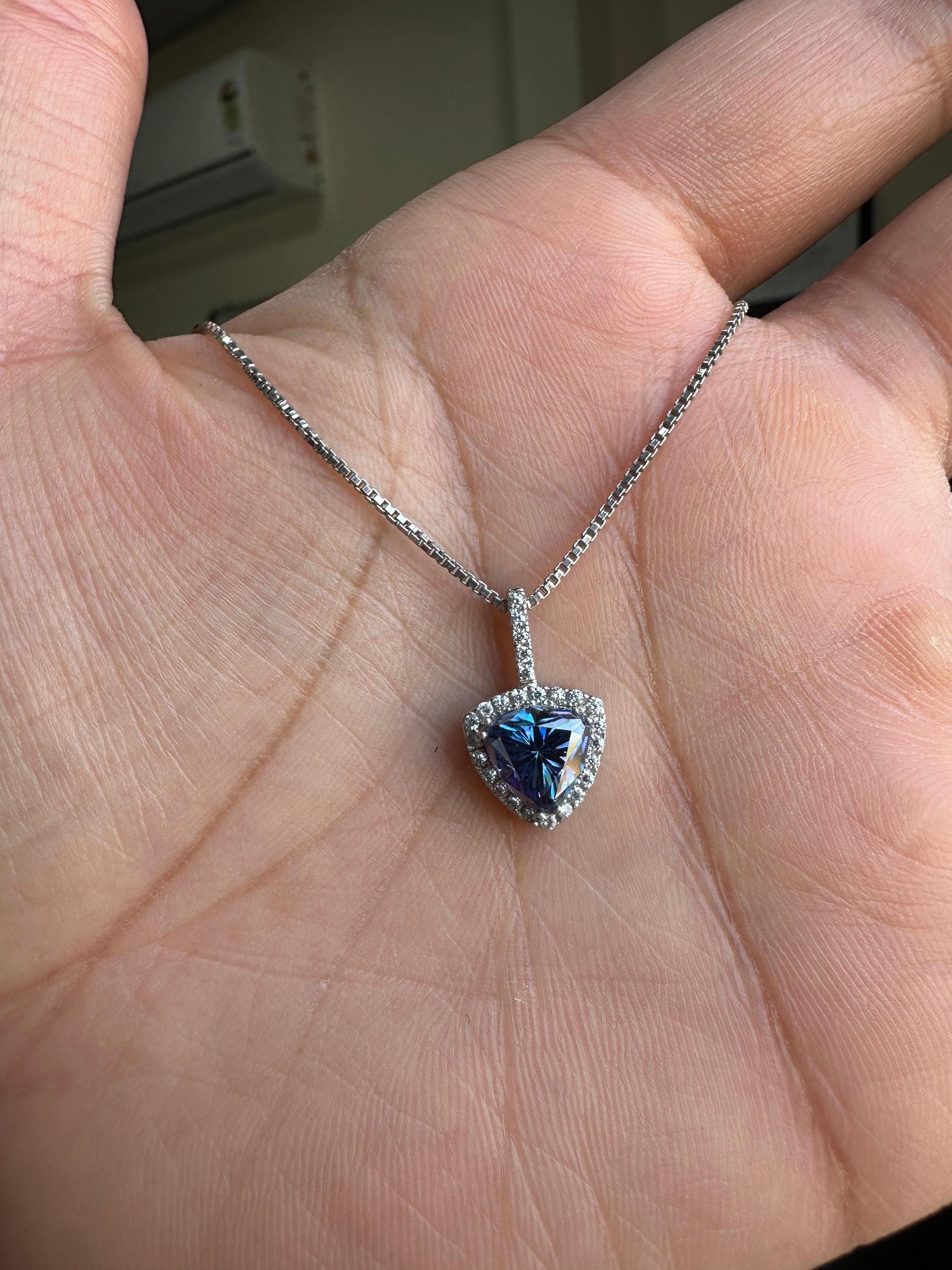 Blue Trillion Moissanite Halo Pendant | 925 Sterling Silver Necklace