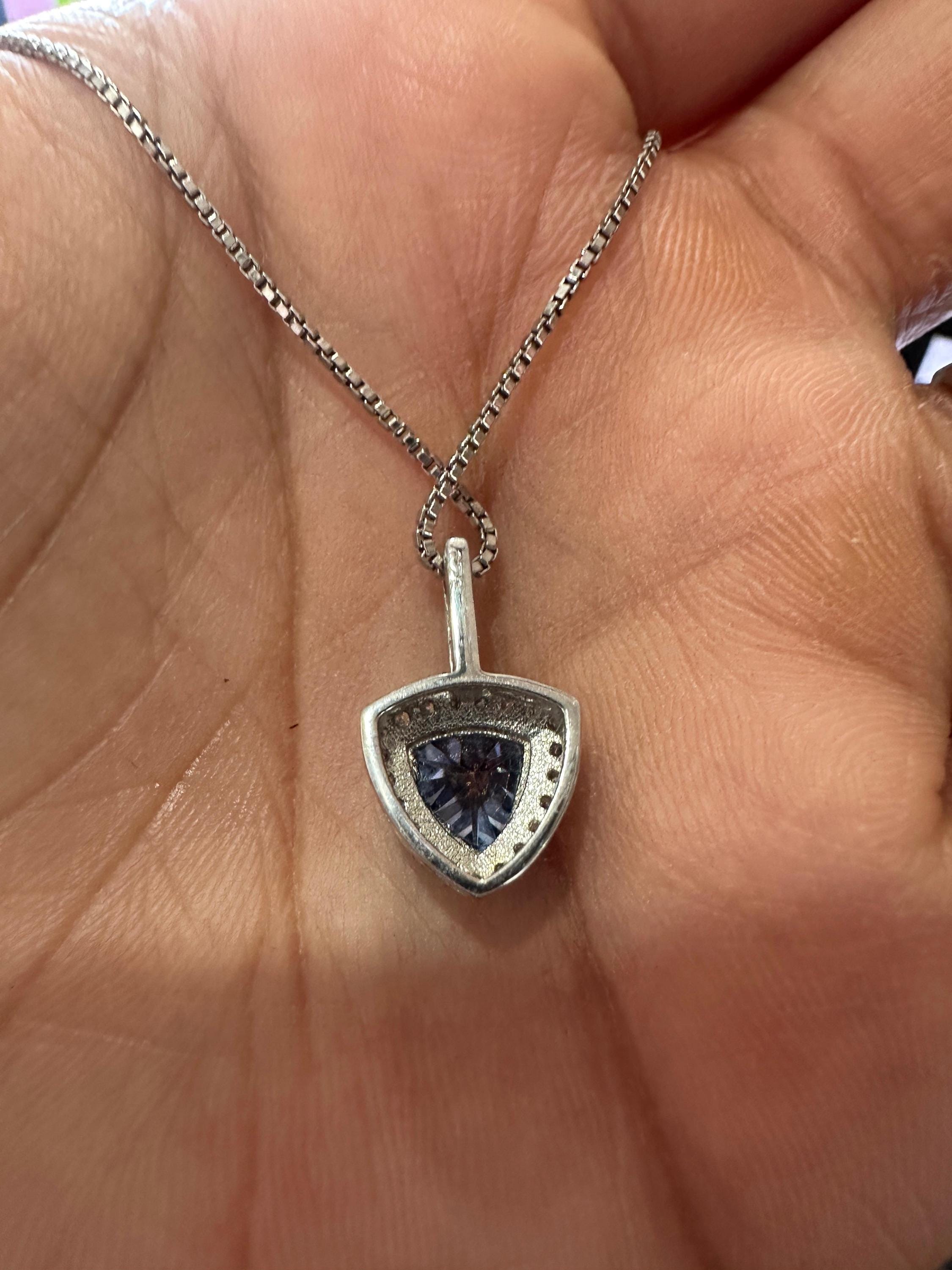 Blue Trillion Moissanite Halo Pendant | 925 Sterling Silver Necklace