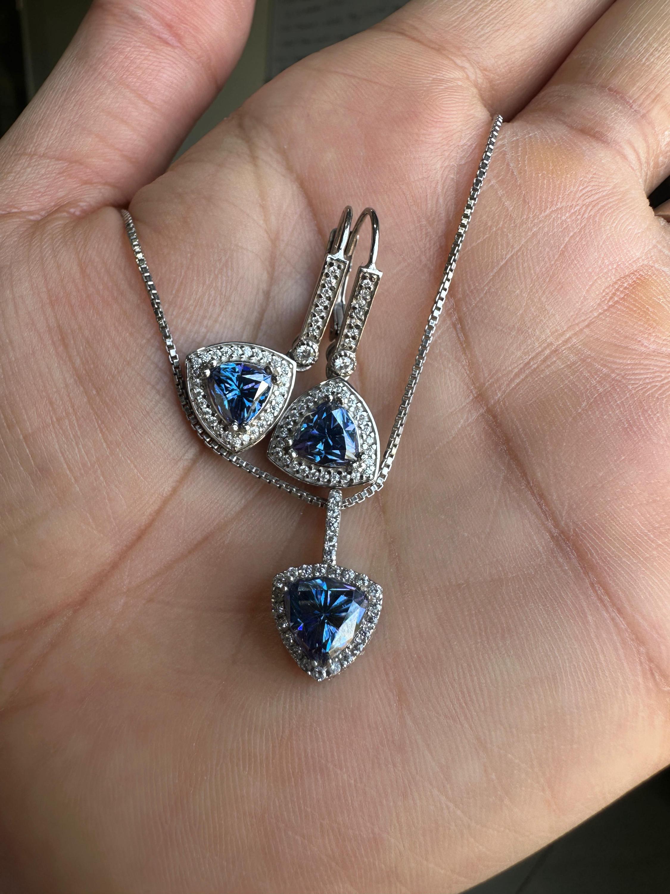 Blue Trillion Moissanite Pendant Earring Set | 925 Sterling Silver Halo Jewelry