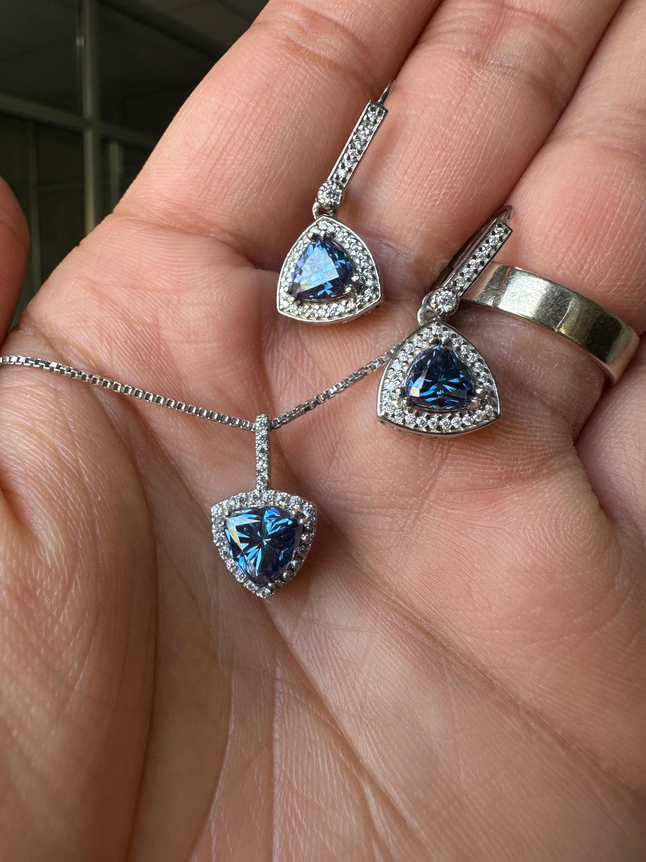 Blue Trillion Moissanite Pendant Earring Set | 925 Sterling Silver Halo Jewelry