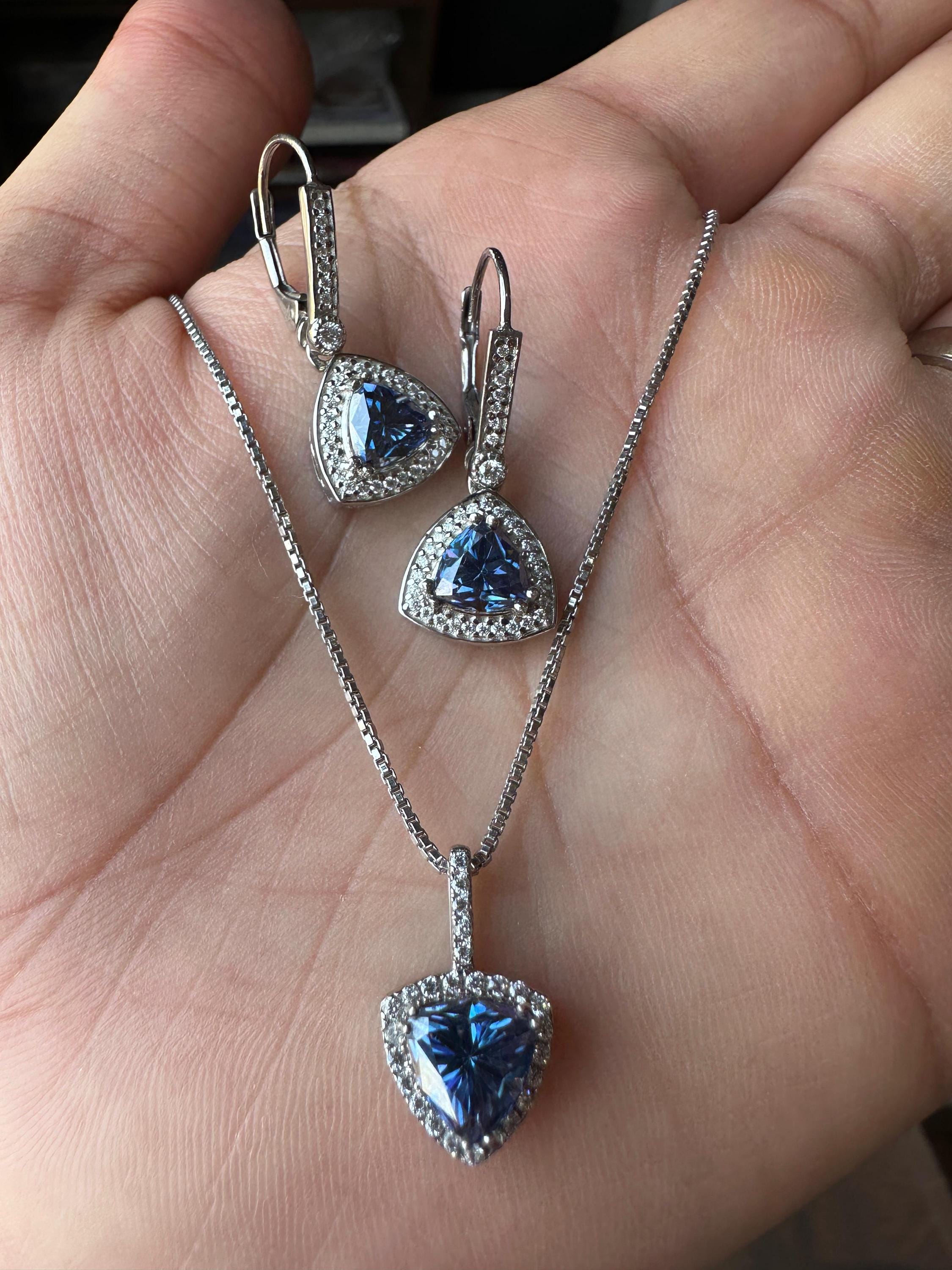 Blue Trillion Moissanite Pendant Earring Set | 925 Sterling Silver Halo Jewelry