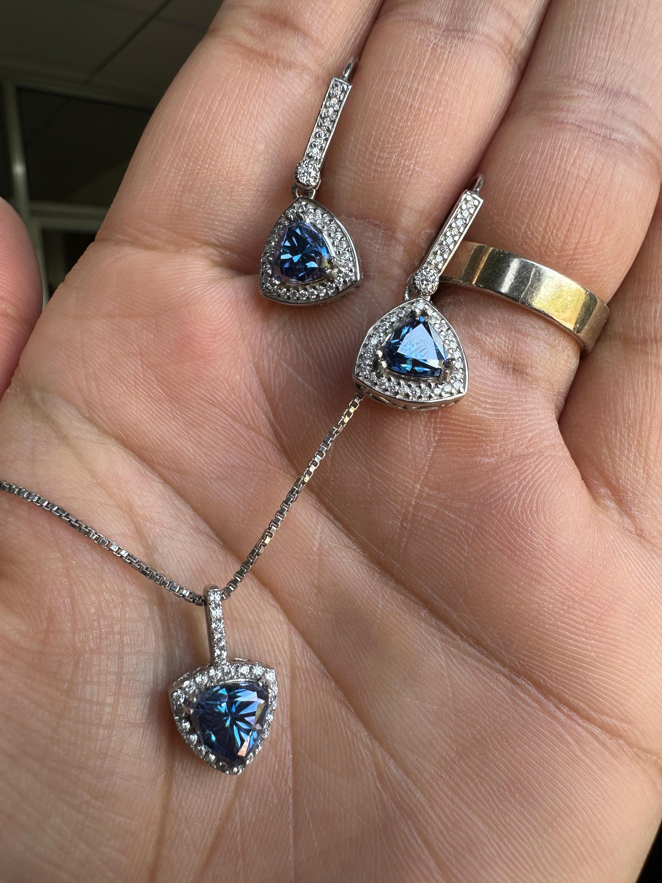 Blue Trillion Moissanite Pendant Earring Set | 925 Sterling Silver Halo Jewelry