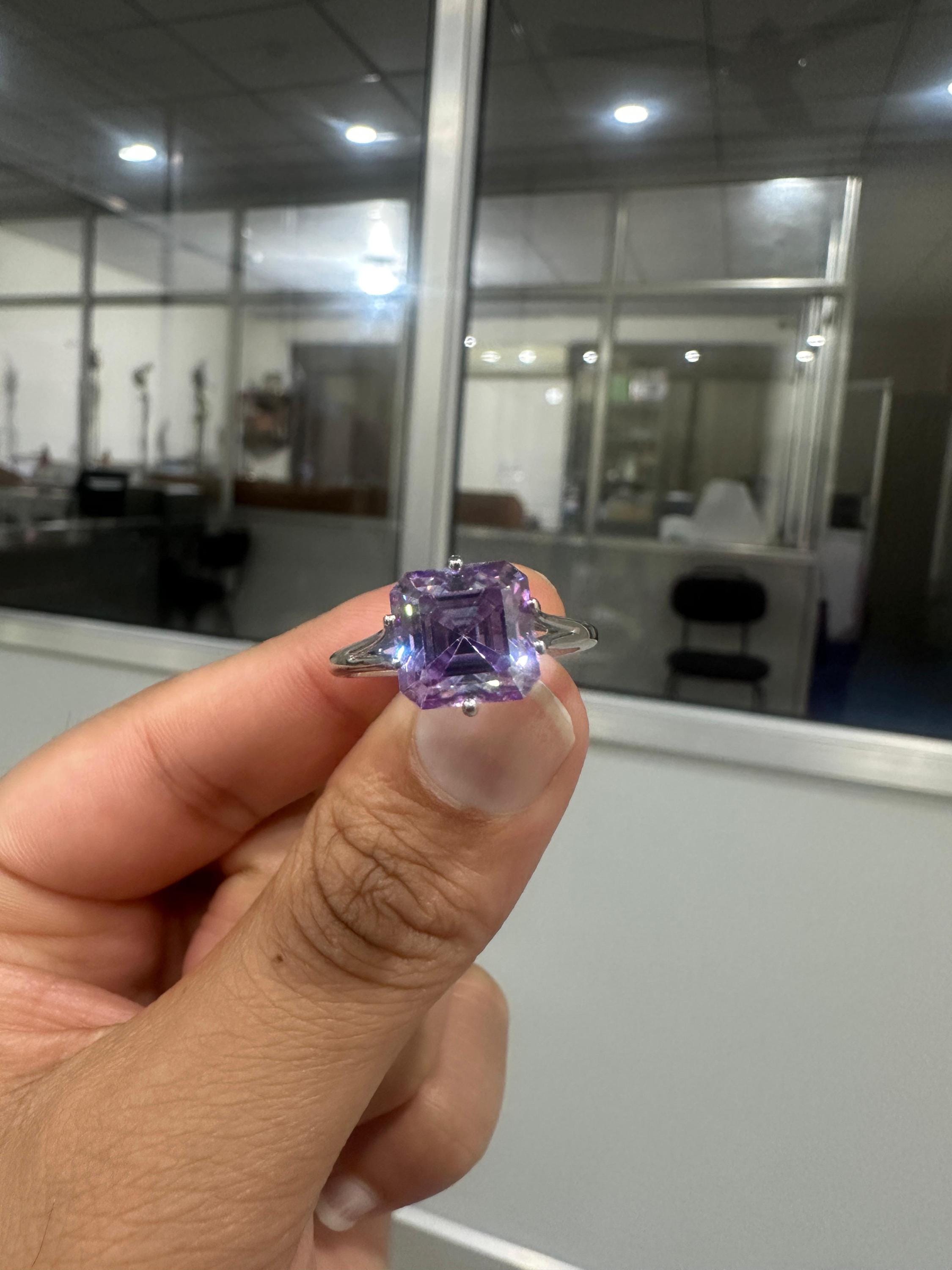 Lavender Moissanite Asscher Cut Ring | Sterling Silver Solitaire