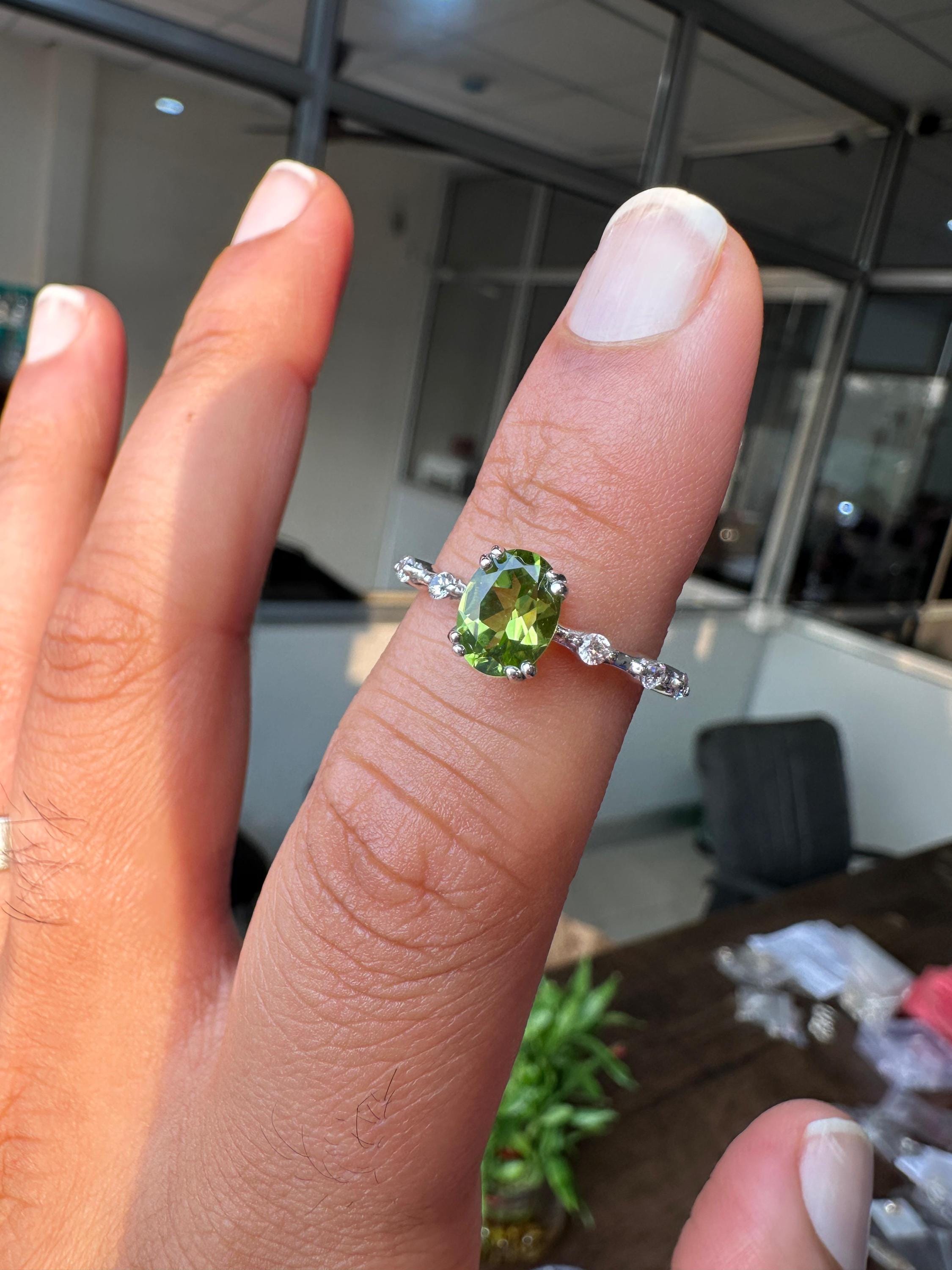 Oval Peridot Moissanite Engagement Ring | 14k White Gold Finish | August Birthstone Jewelry