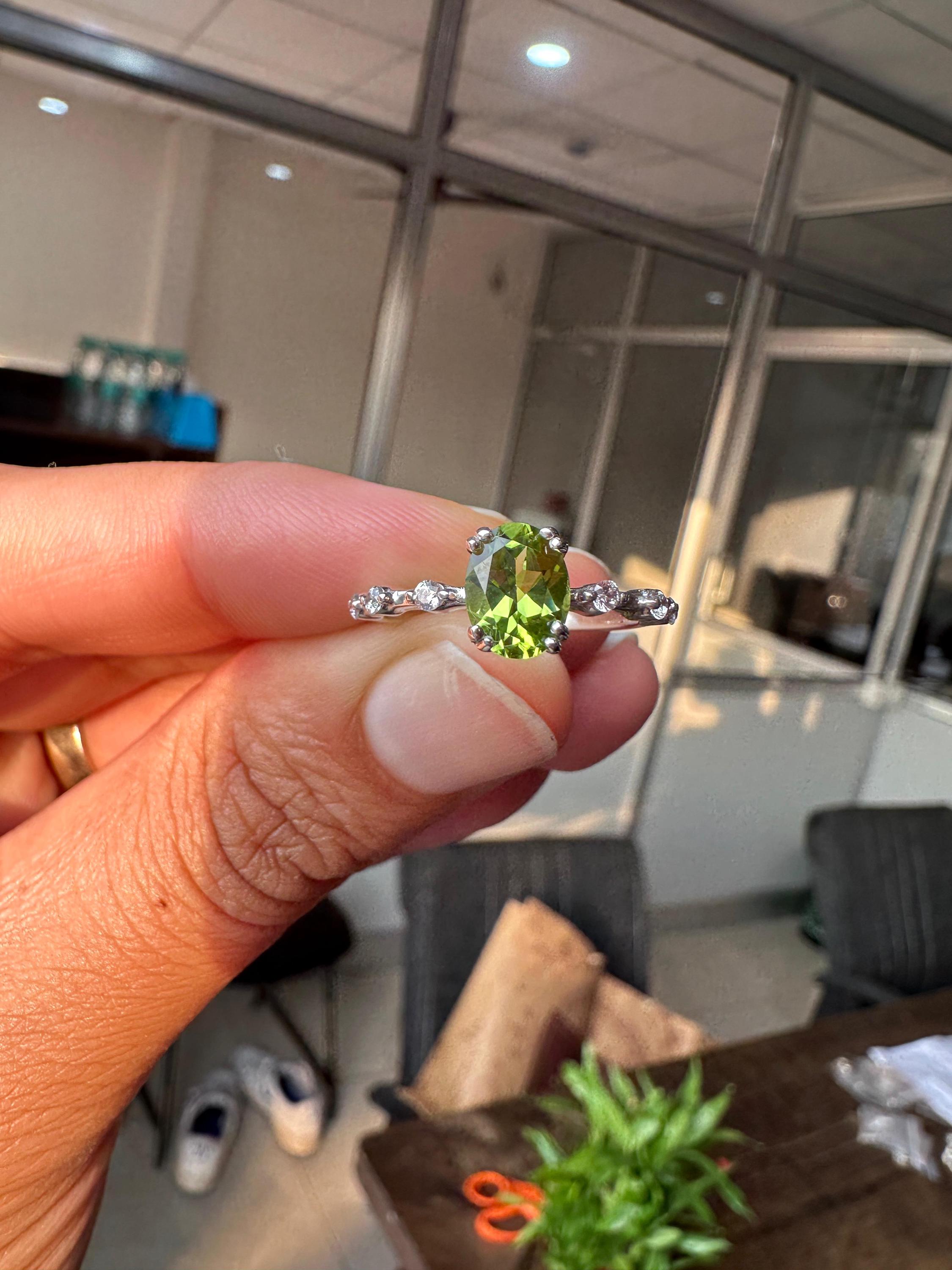 Oval Peridot Moissanite Engagement Ring | 14k White Gold Finish | August Birthstone Jewelry