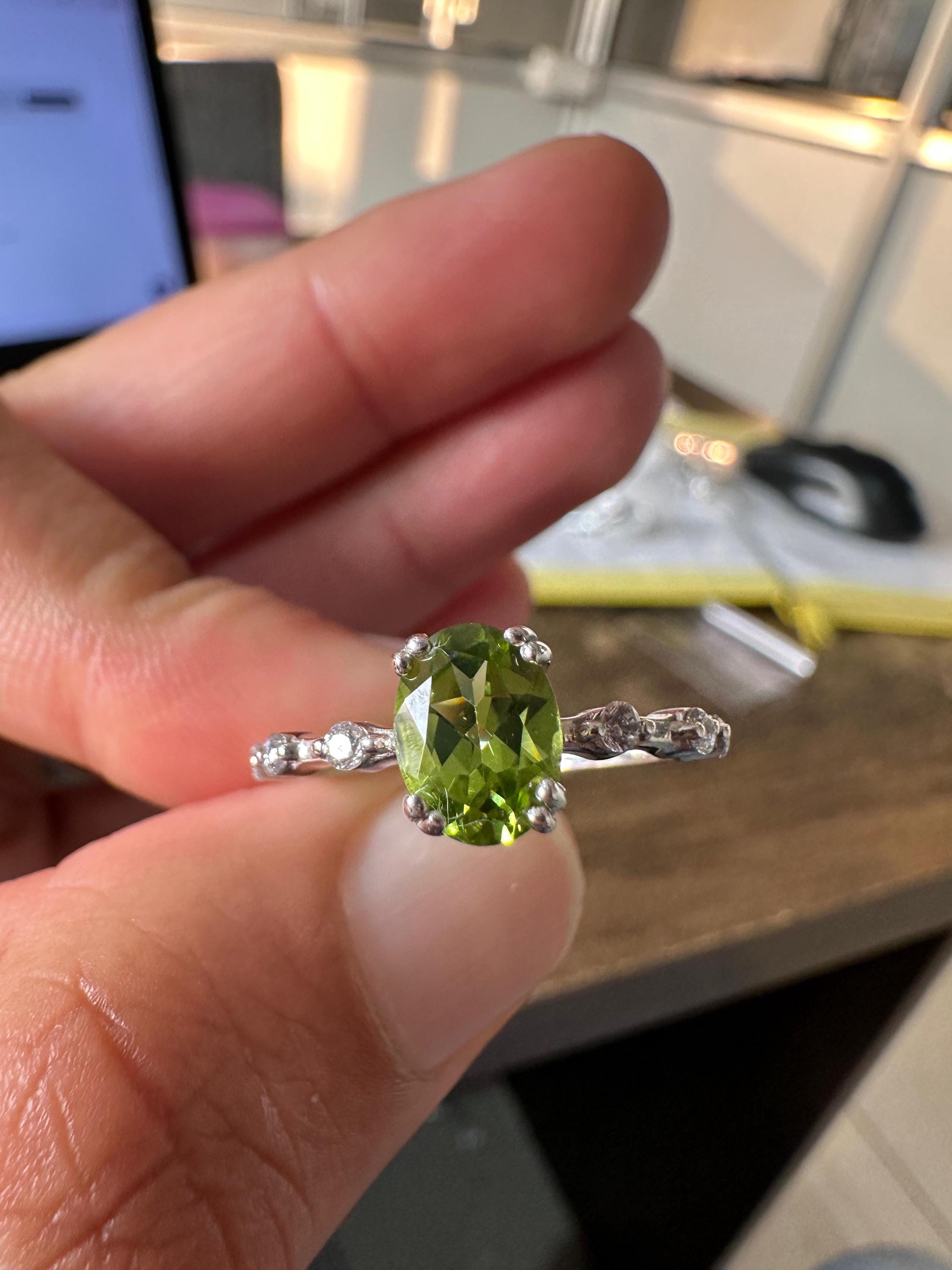 Oval Peridot Moissanite Engagement Ring | 14k White Gold Finish | August Birthstone Jewelry