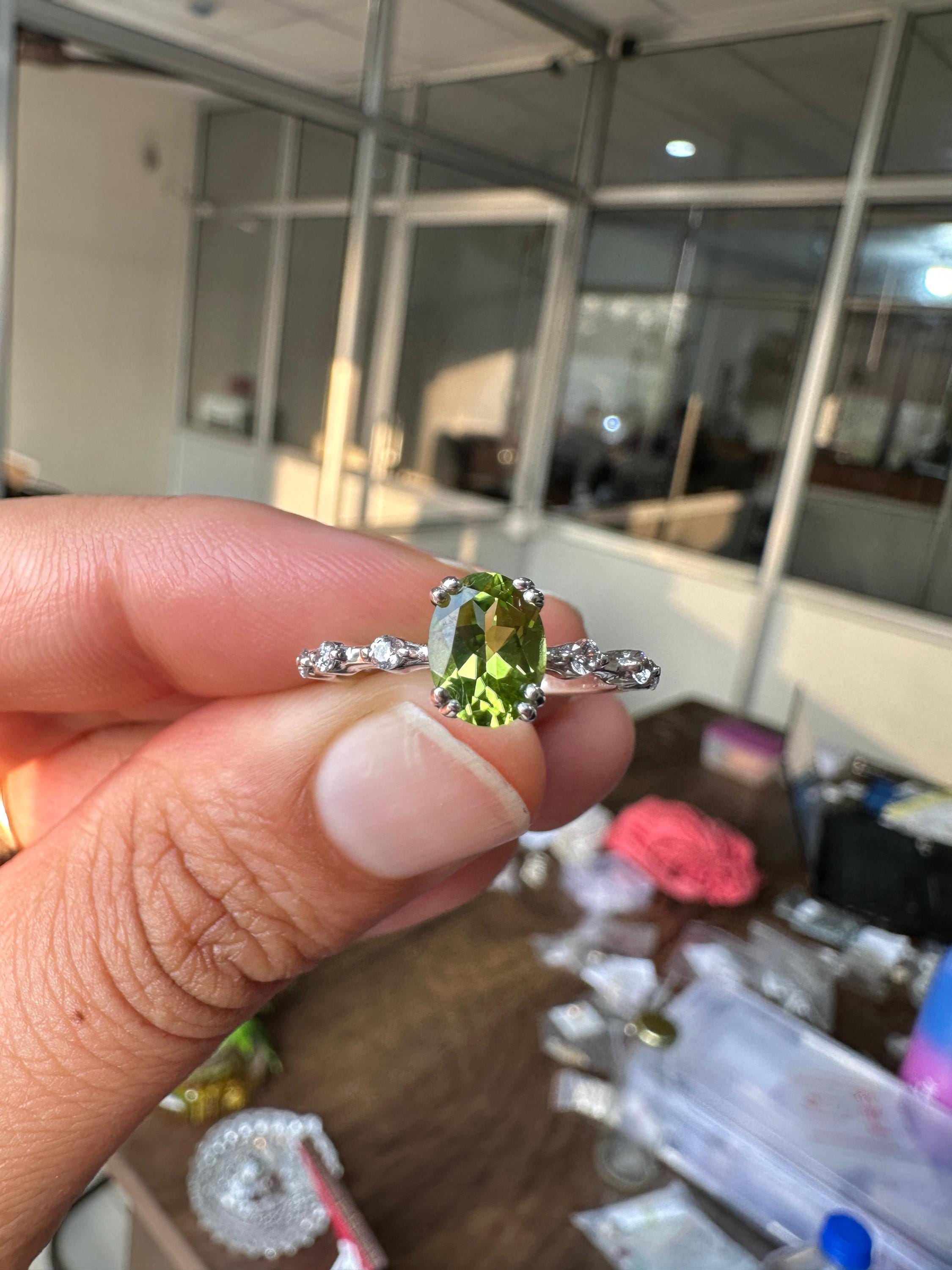Oval Peridot Moissanite Engagement Ring | 14k White Gold Finish | August Birthstone Jewelry